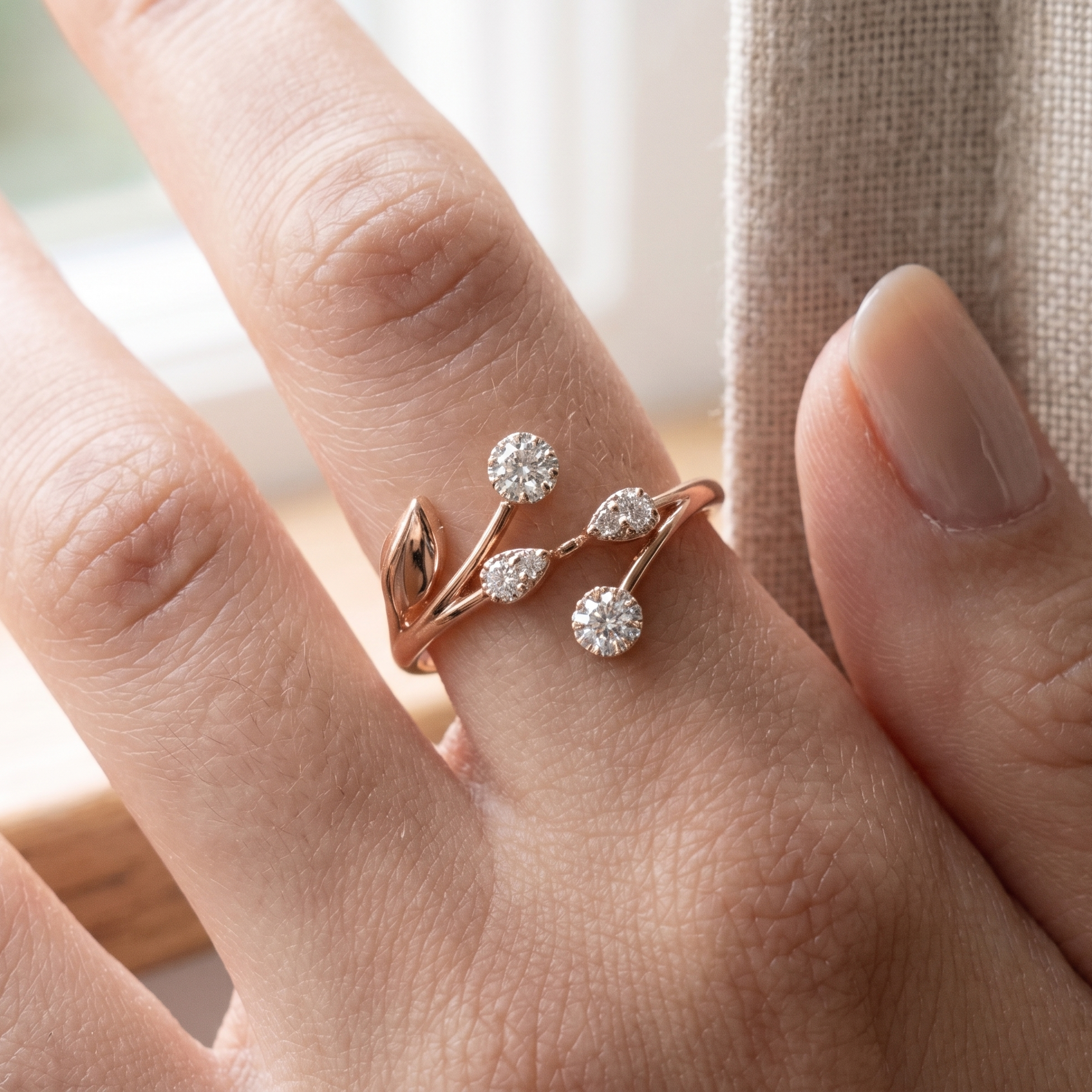14k Solid Gold Swirl Leaf Moissanite Ring, Nature Inspired Cluster Wrap Curved Ring