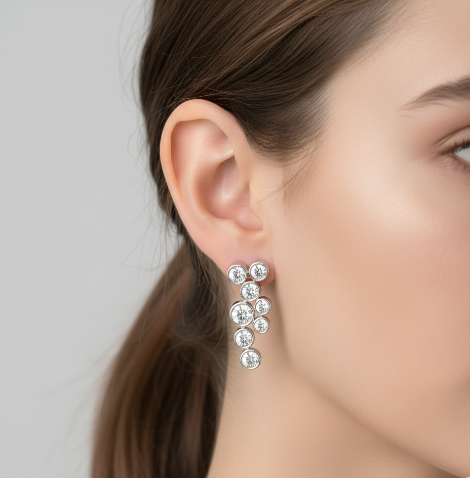 Moissanite Cluster Dangle Earrings, Sterling Silver Bezel Set