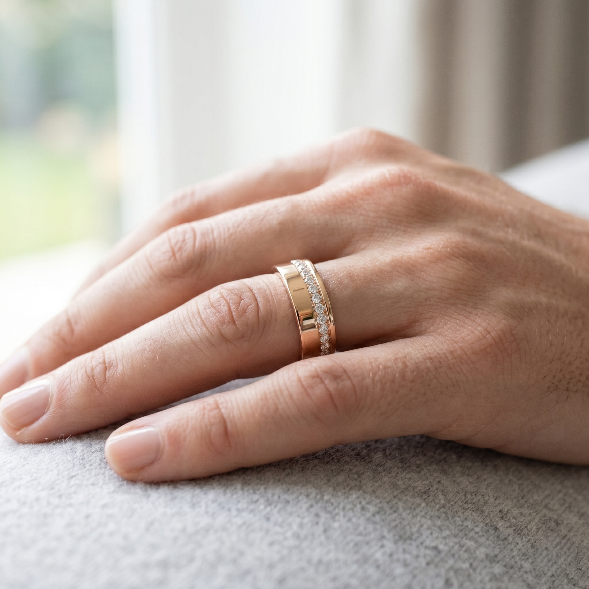 Men's Moissanite Wedding Band, Rose Gold Plated Sterling Silver Ring