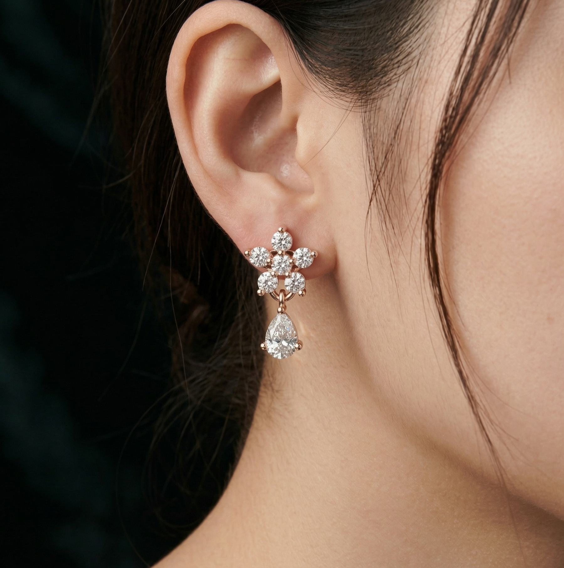 Dainty Moissanite Flower Drop Earrings, 925 Sterling Silver, Pear Cut Dangle