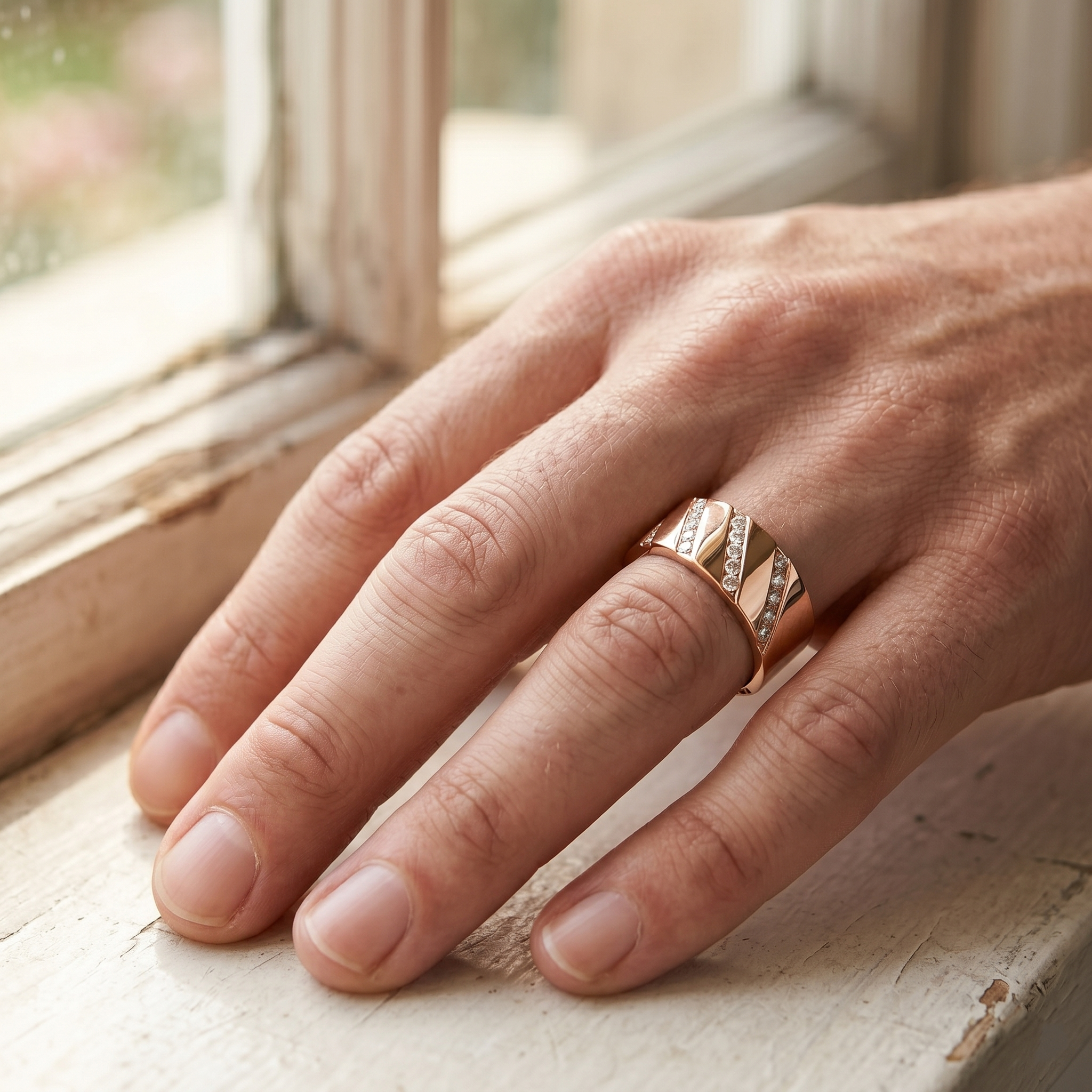 Channel Set Moissanite Men's Ring, Rose Gold Sterling Silver Wedding Band, Anniversary Gift