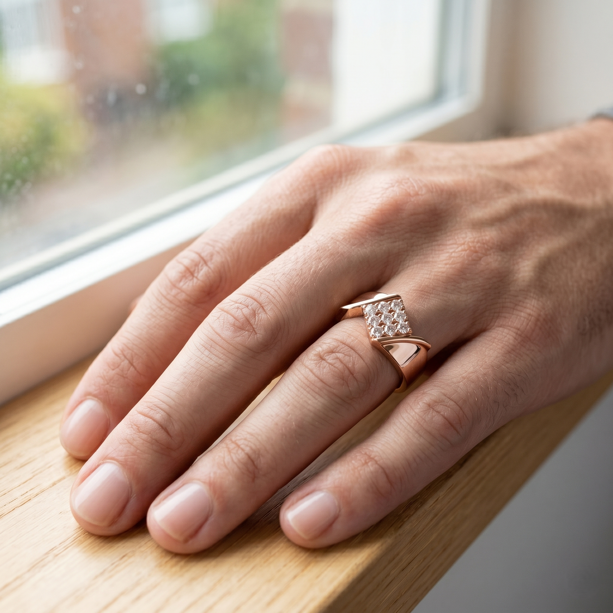 Men's Square Moissanite Ring, Rose Gold Plated Sterling Silver, Round Cut Cluster Ring