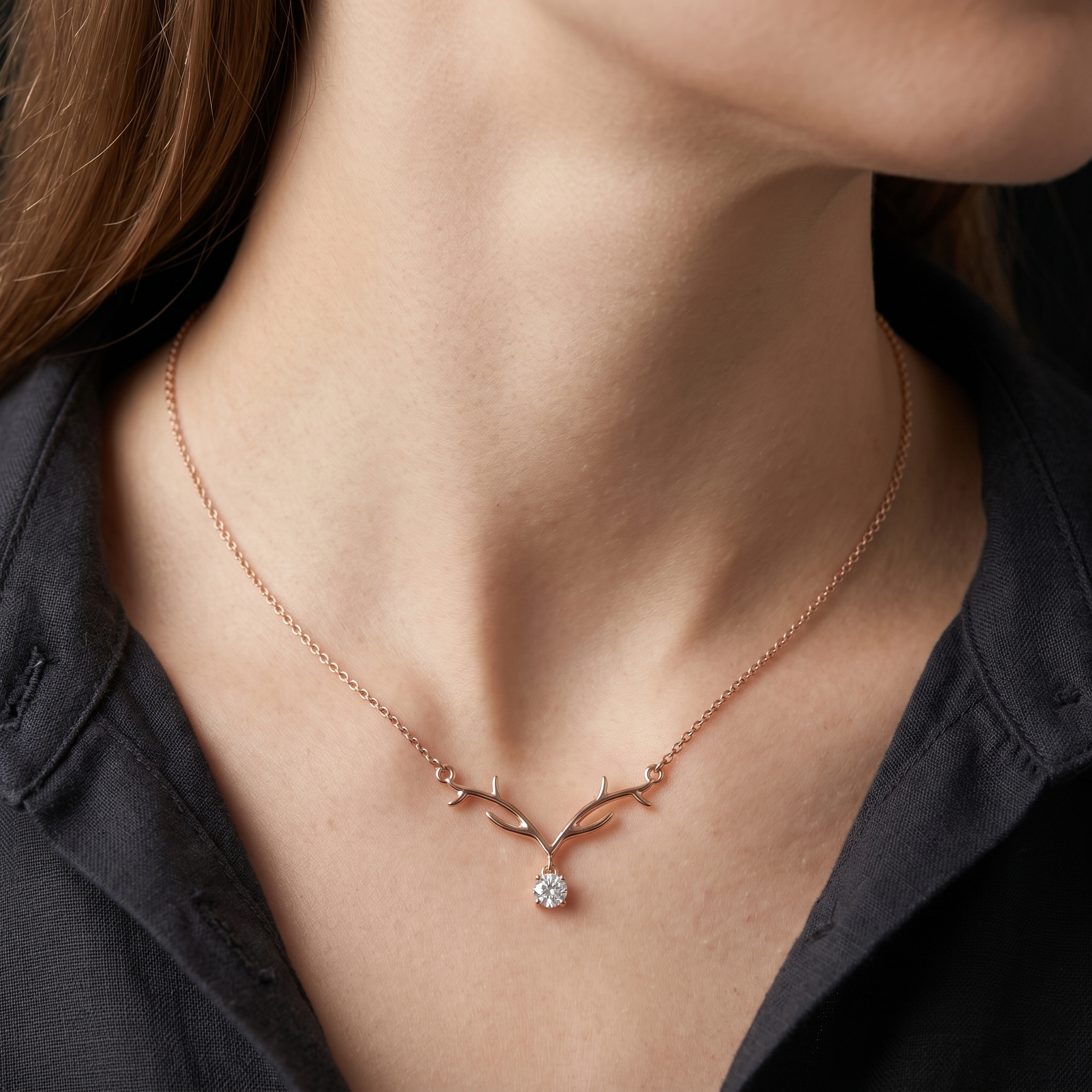 Moissanite Antler Necklace, Sterling Silver Woodland Bridal Jewelry