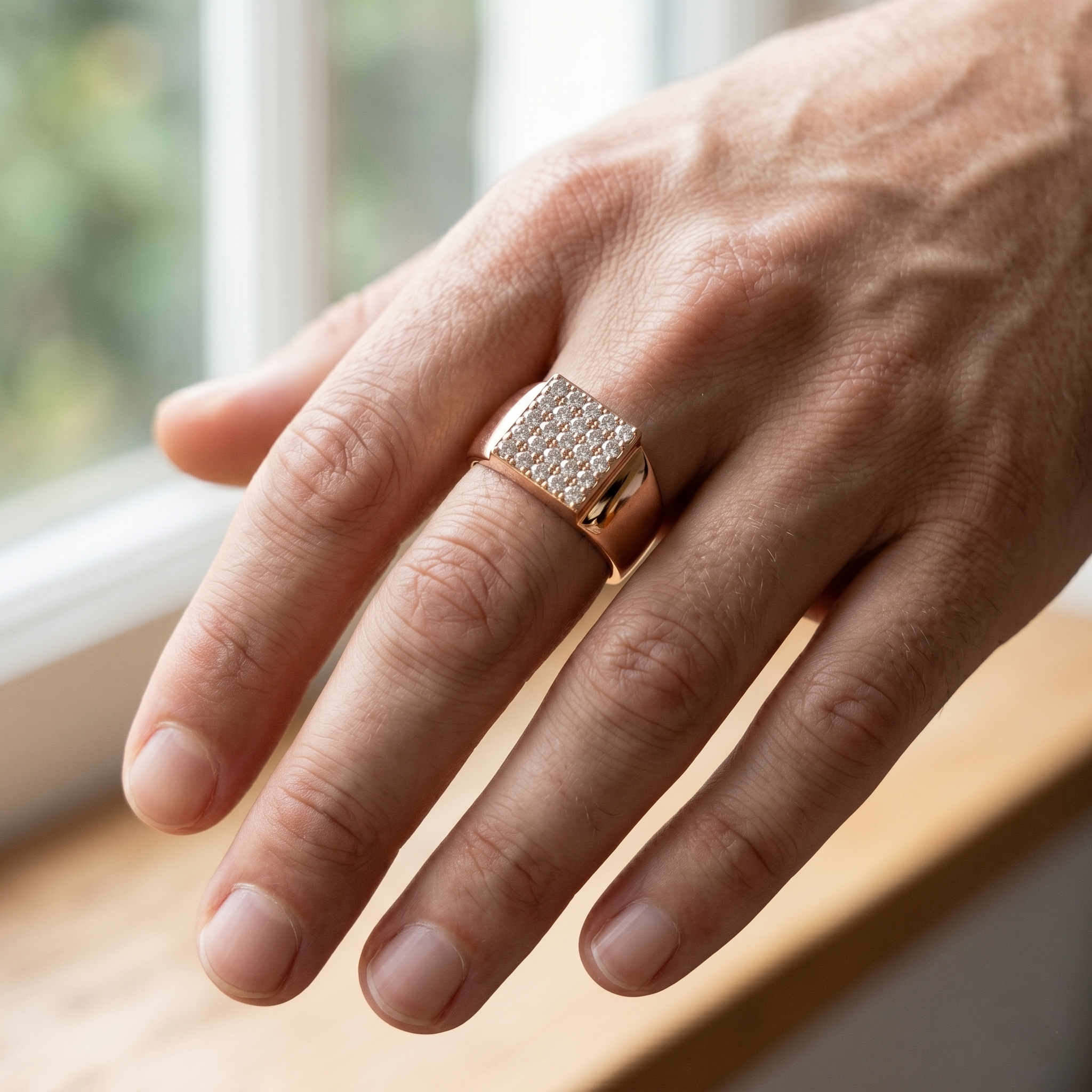 Men's Moissanite Signet Ring, Rose Gold Vermeil Sterling Silver Cluster Engagement Promise Anniversary Ring