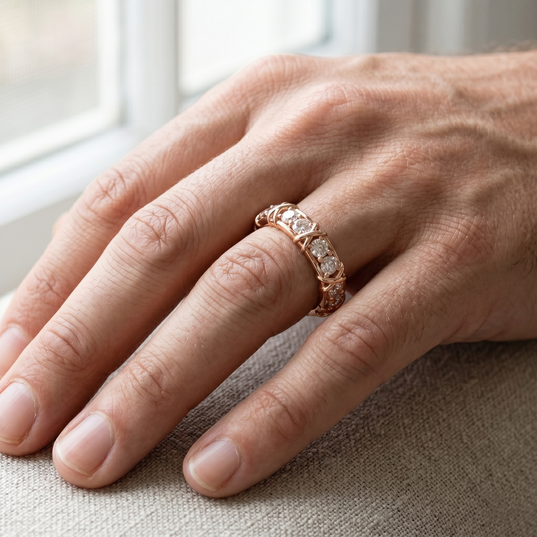 Sterling Silver Moissanite Cross Band Ring, Rose Gold Finish Eternity Wedding Band