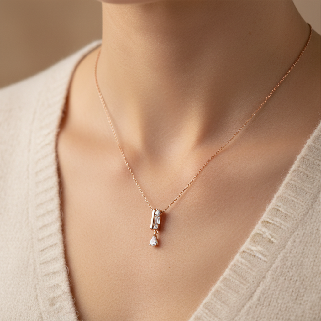 Sterling Silver Moissanite Necklace, Pear Baguette Cut, Geometric Drop Pendant