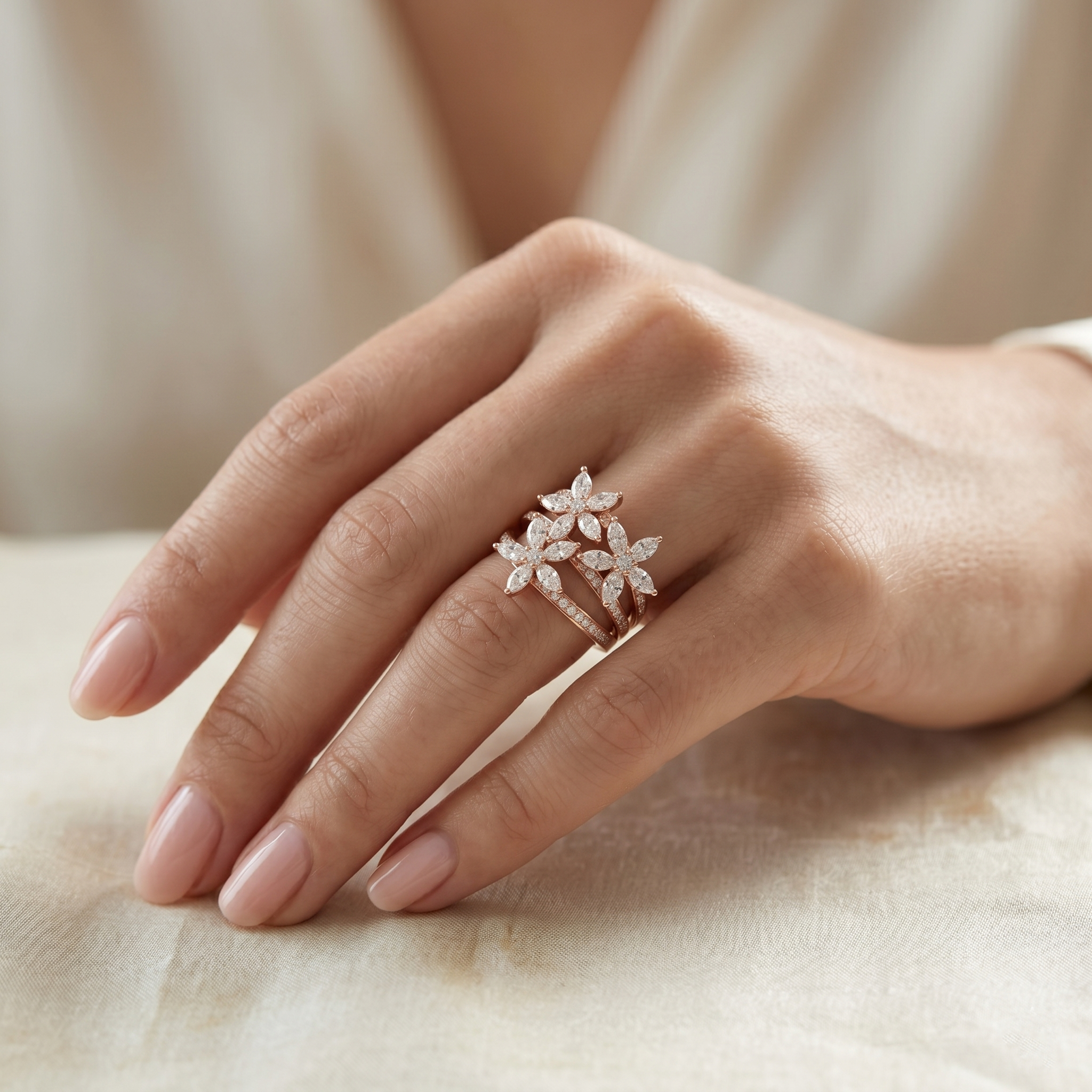 Marquise Moissanite Floral Cluster Ring, Sterling Silver Vermeil Statement Band, Multi Layer Flower Ring