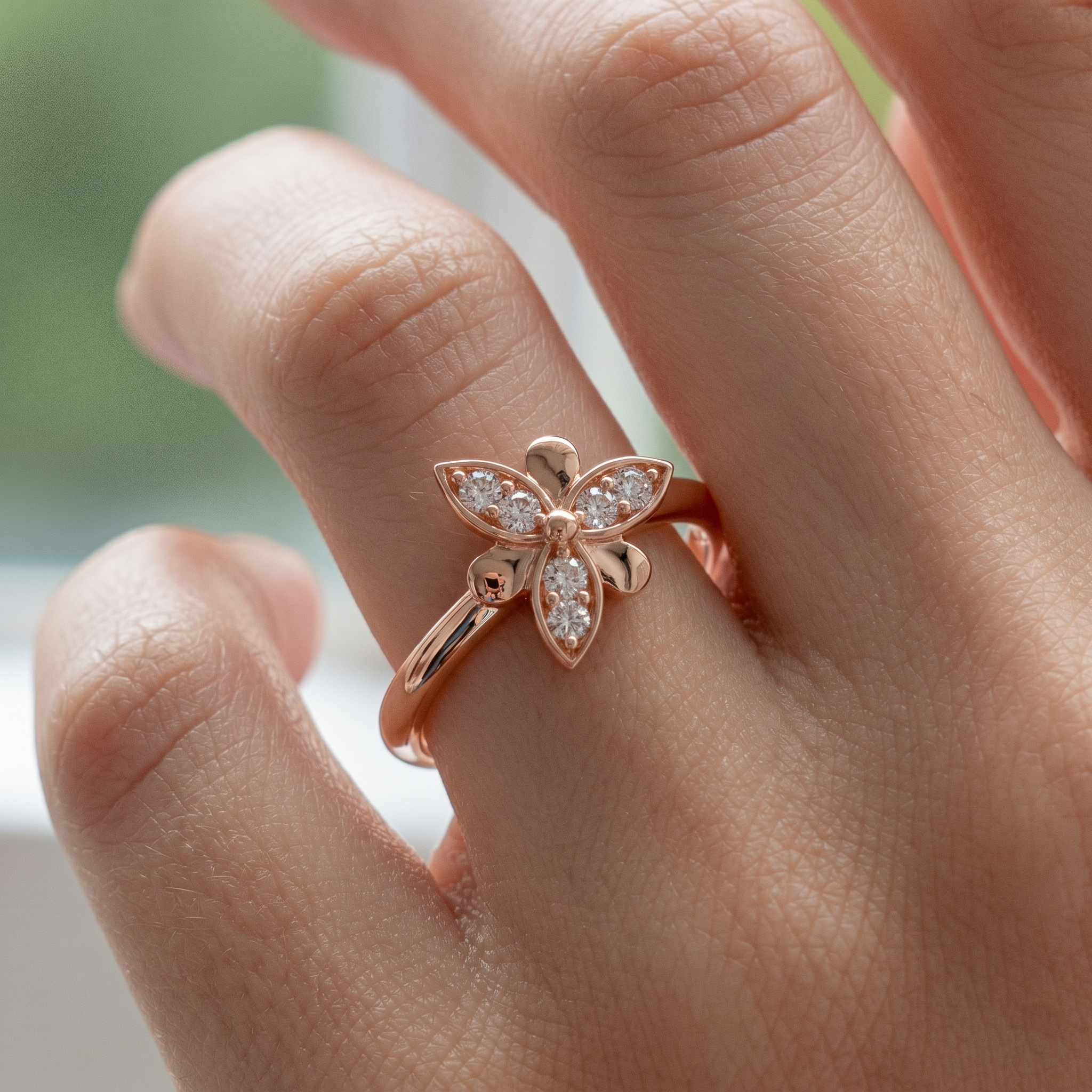Delicate Butterfly Moissanite Ring, 14k Solid Gold Floral Cluster, Nature Inspired Flower Promise Ring