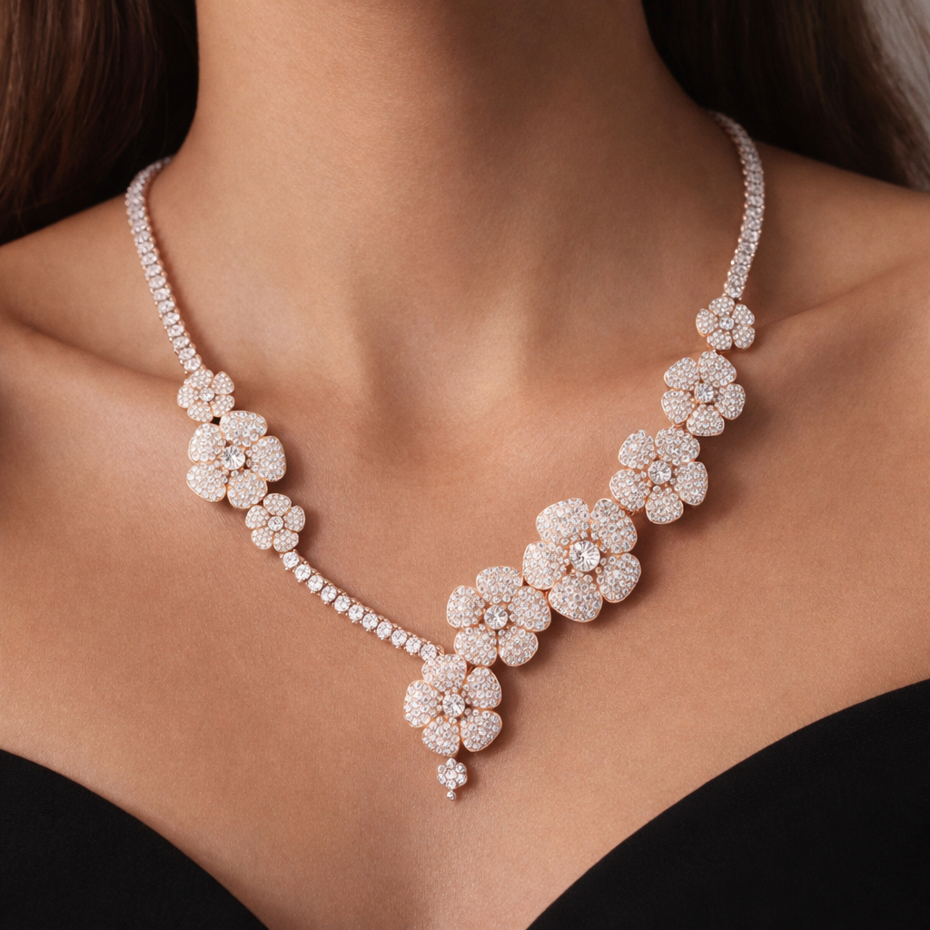 Dainty Flower Moissanite Necklace, Sterling Silver Blossom Bridal Statement Asymmetric Minimalist Layering Necklace
