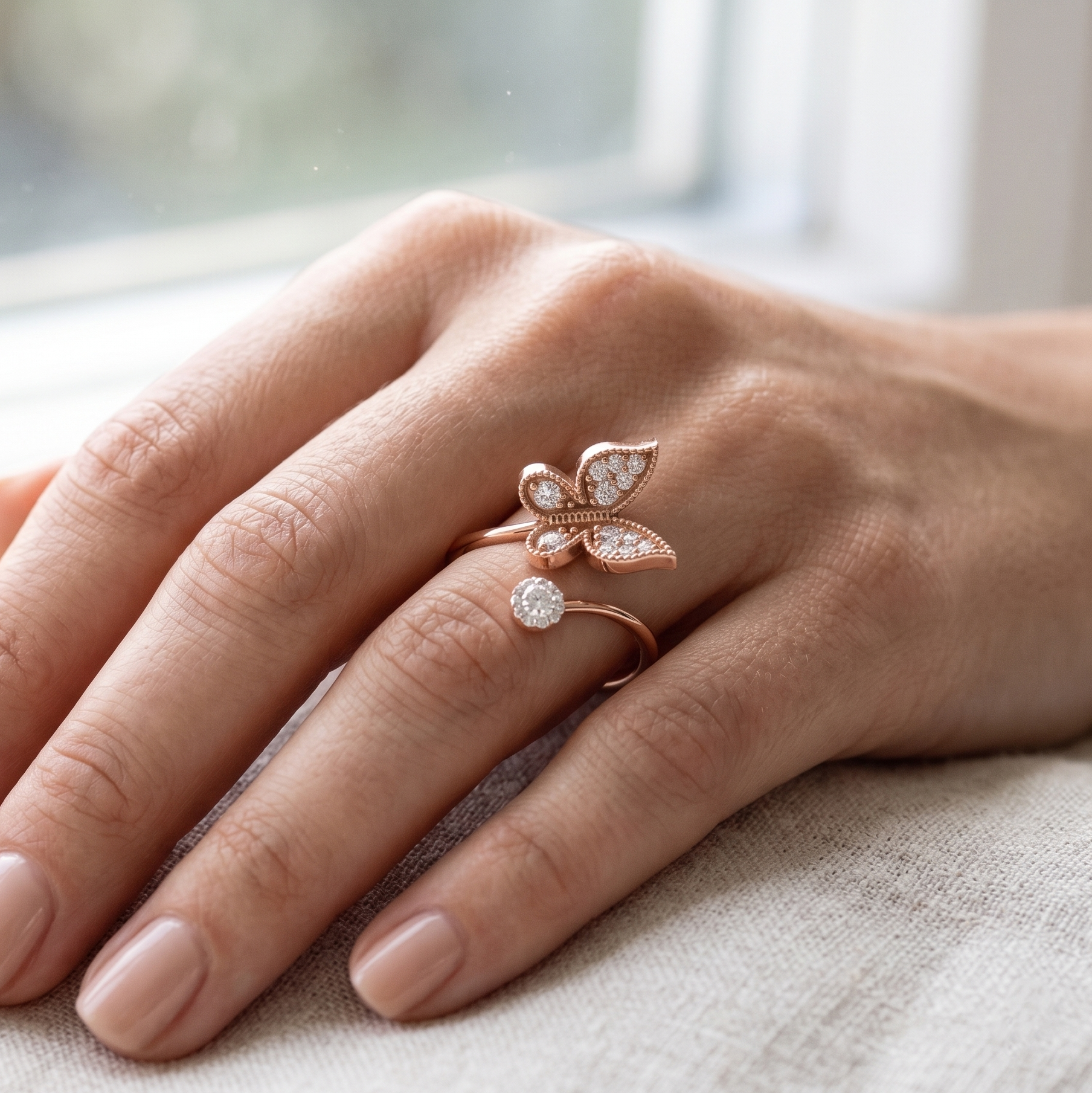 14K Solid Gold Butterfly Ring, Moissanite Open Wrap, Nature Inspired Milgrain Detail