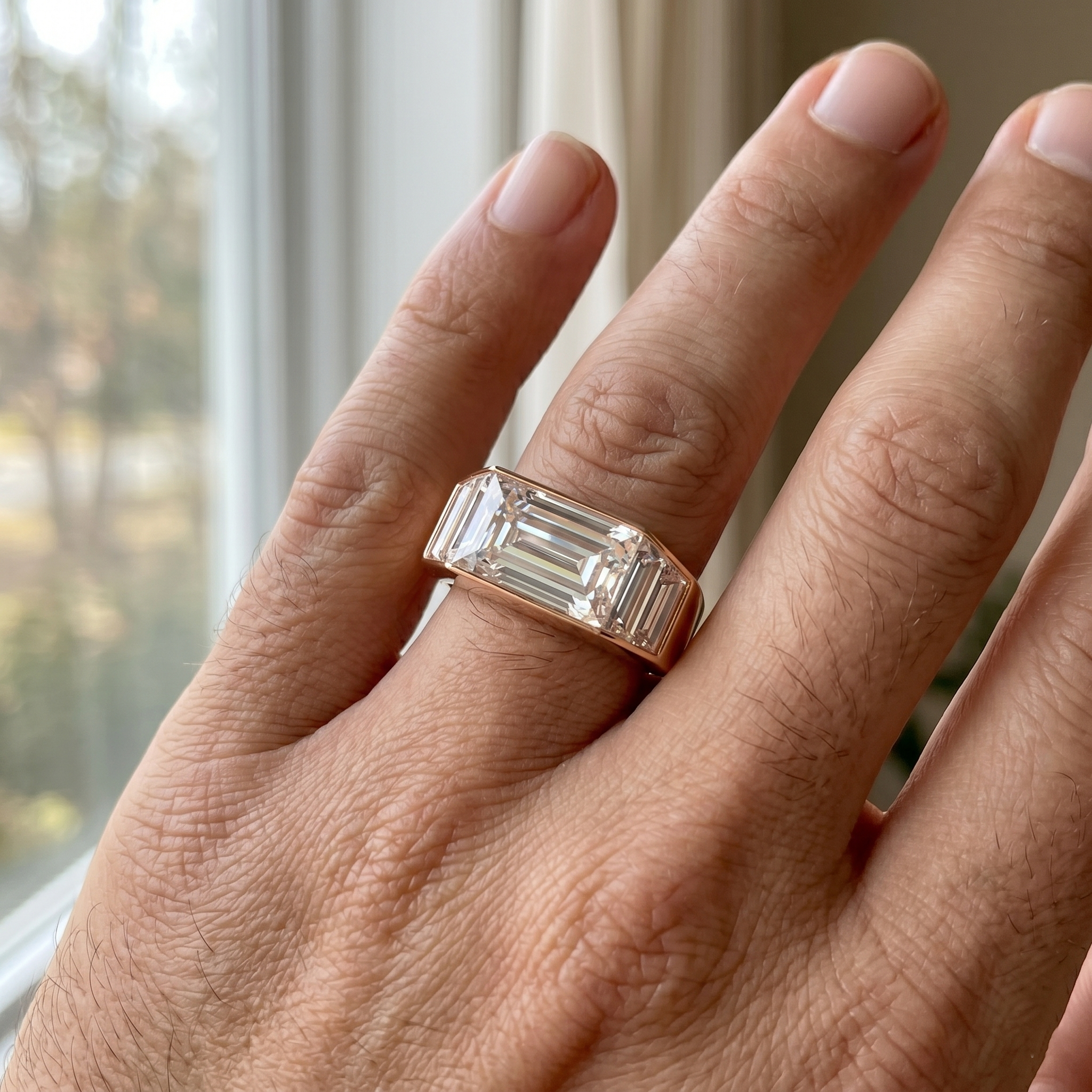 Emerald Cut Moissanite Men's Ring, Sterling Silver Baguette Wedding Band, Minimalist Signet Anniversary Gift