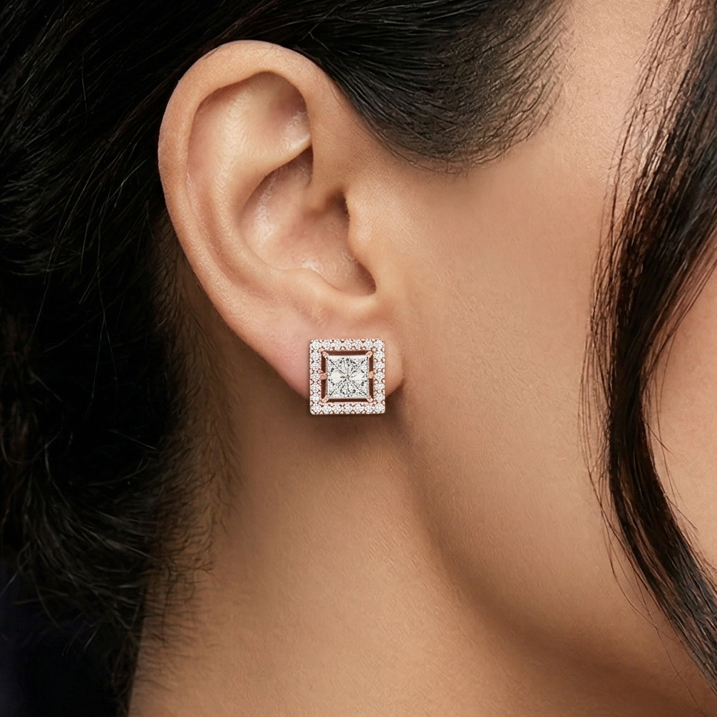 Princess Cut Moissanite Halo Stud Earrings, Sterling Silver Square Geometric Sparkle