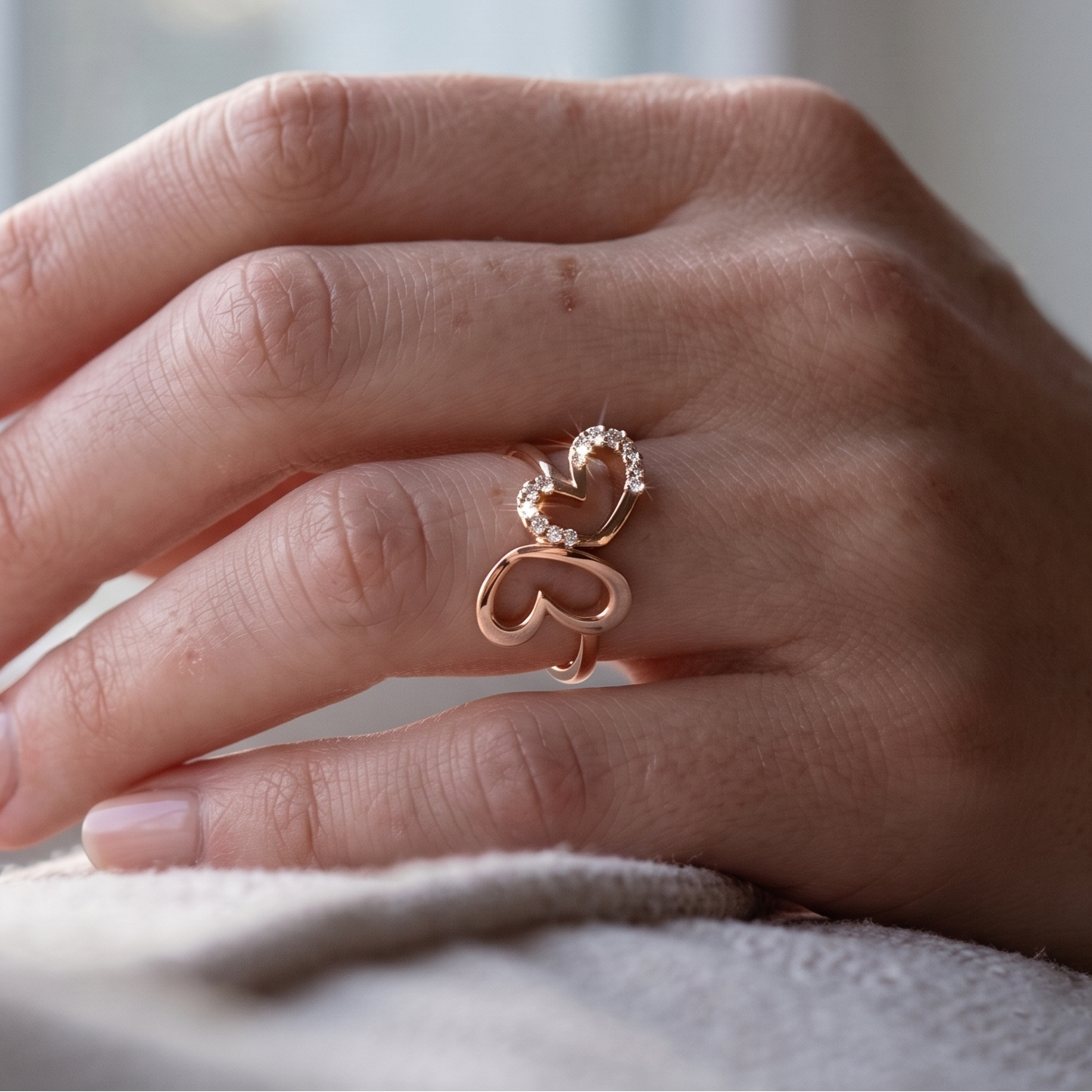 Interlocking Double Heart Moissanite Ring, 14K Solid Rose Gold, Dainty Wedding Promise Ring