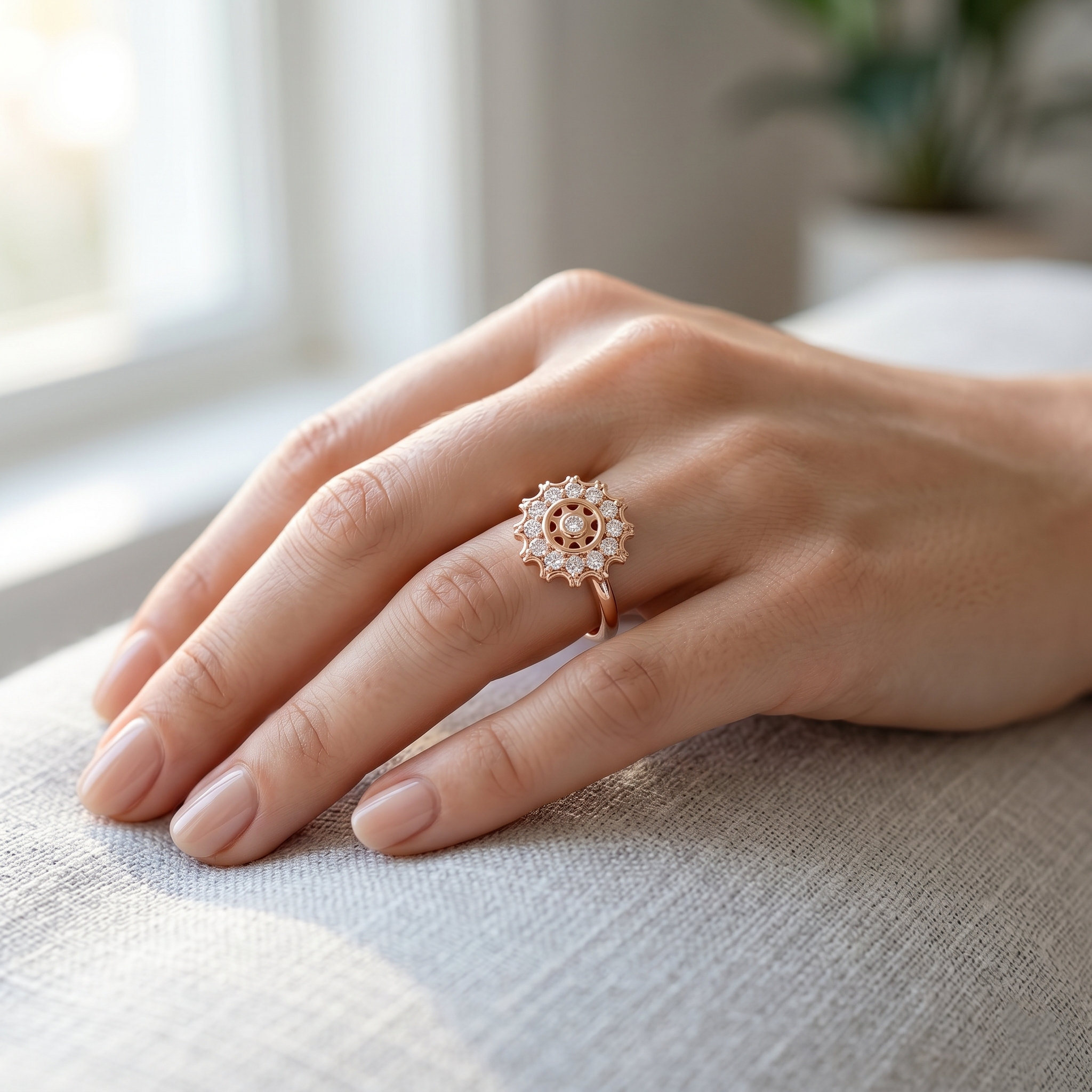 14K Solid Gold Moissanite Sunburst Ring, Vintage Celestial Gear Scalloped Halo Flower