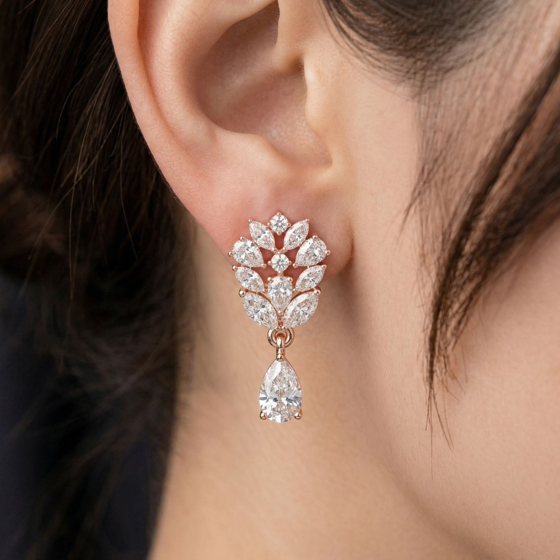 Leaf Cluster Pear Cut Moissanite Earrings, Sterling Silver Bridal Vine Floral (D Color, VVS1)