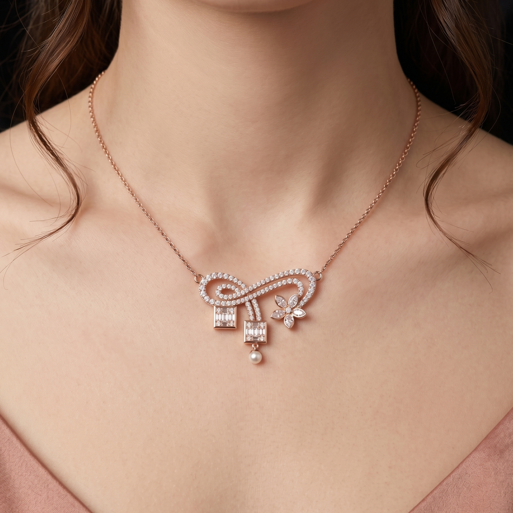 Art Deco Floral Moissanite Pendant Necklace, Rose Gold Sterling Silver, Baguette Cluster