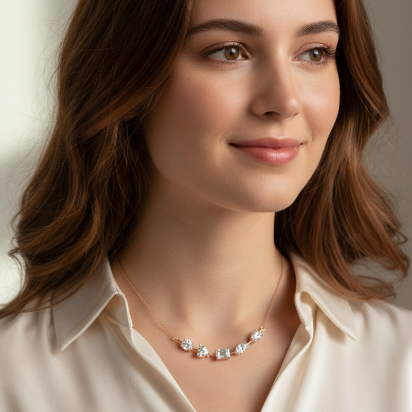 Moissanite Cluster Necklace, Sterling Silver Bar Pendant