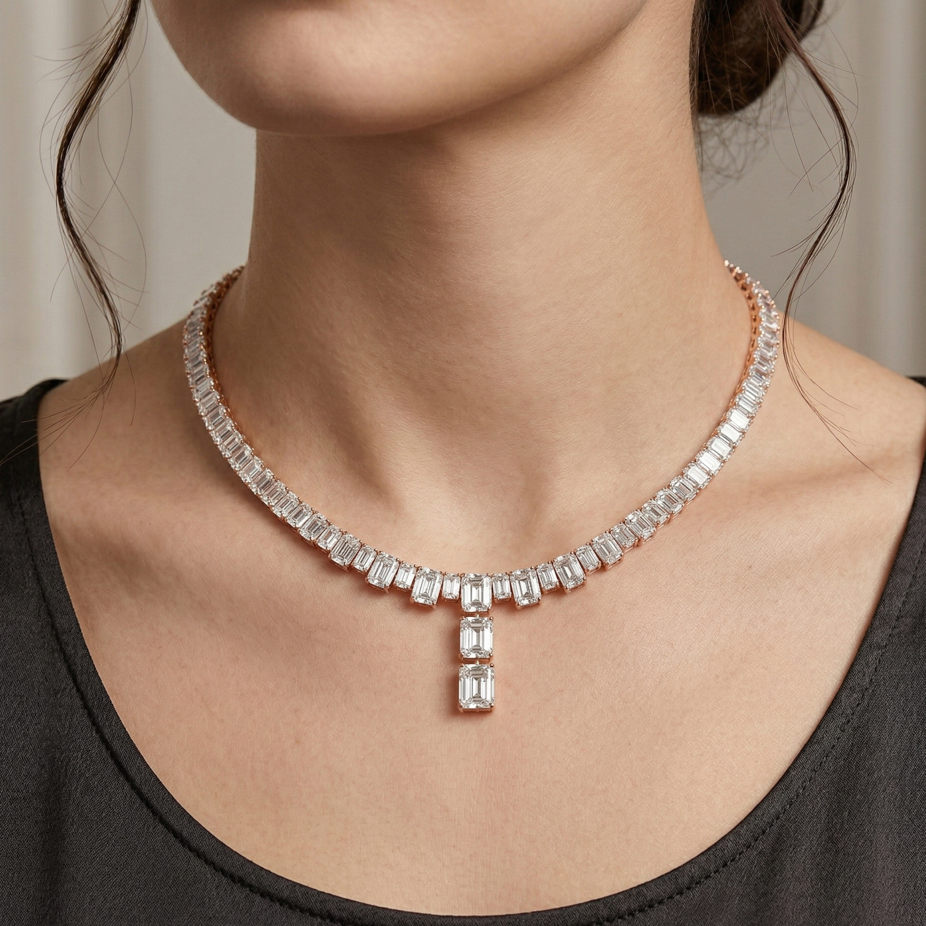 Emerald Cut Moissanite Tennis Necklace, 925 Sterling Silver, Bridal Choker
