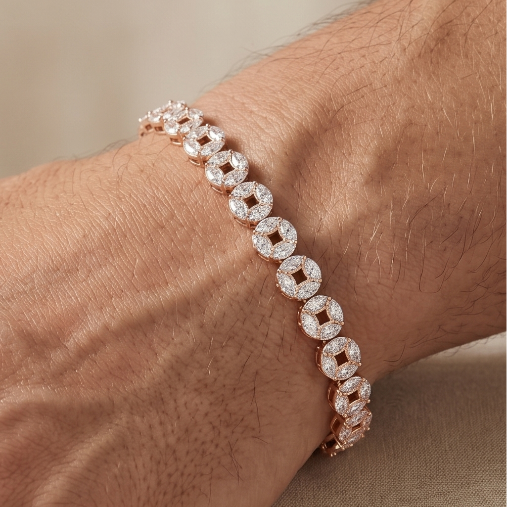 Handmade Moissanite Bracelet for men, 925 Sterling Silver Tennis Marquise Cut Bracelet