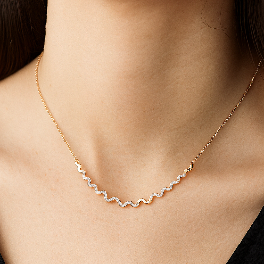 Moissanite Wave Necklace, 925 Sterling Silver, Dainty Handmade Pendant