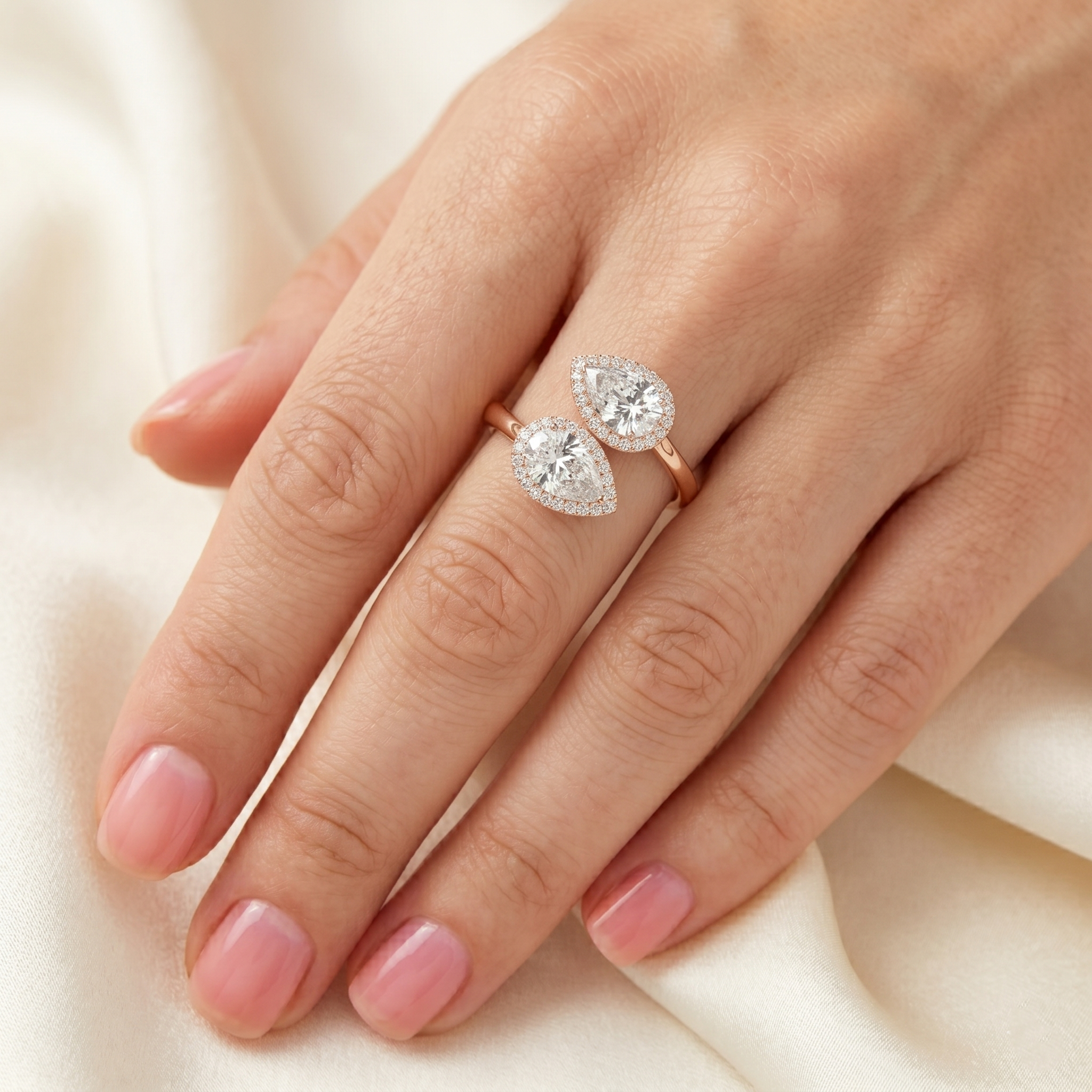 Double Pear Cut Wrap Moissanite Toi et Moi Ring, 925 Sterling Silver, Two Stone Halo Gift For Her, Unique Teardrop Promise Ring For Women