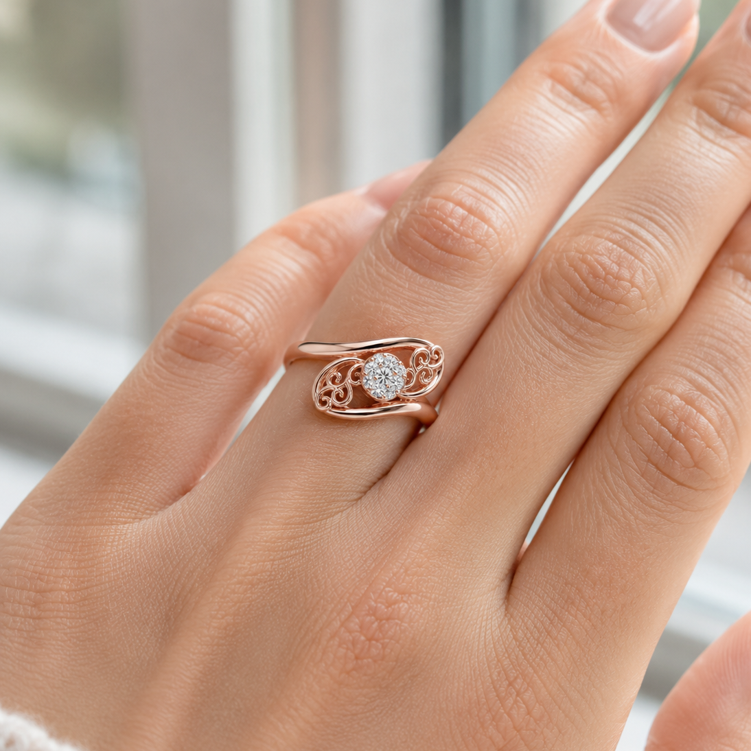 Art Deco Moissanite Ring, 14K Solid Gold Filigree Swirl Cluster, Nature Inspired Jewelry