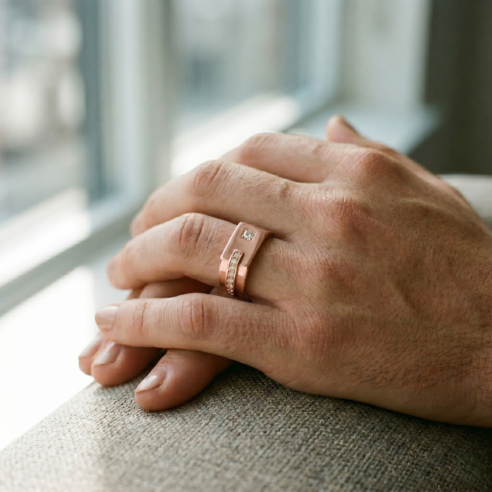 Men's Moissanite Geometric Ring, 925 Sterling Silver Vermeil Band, Flush Set Wedding Gift