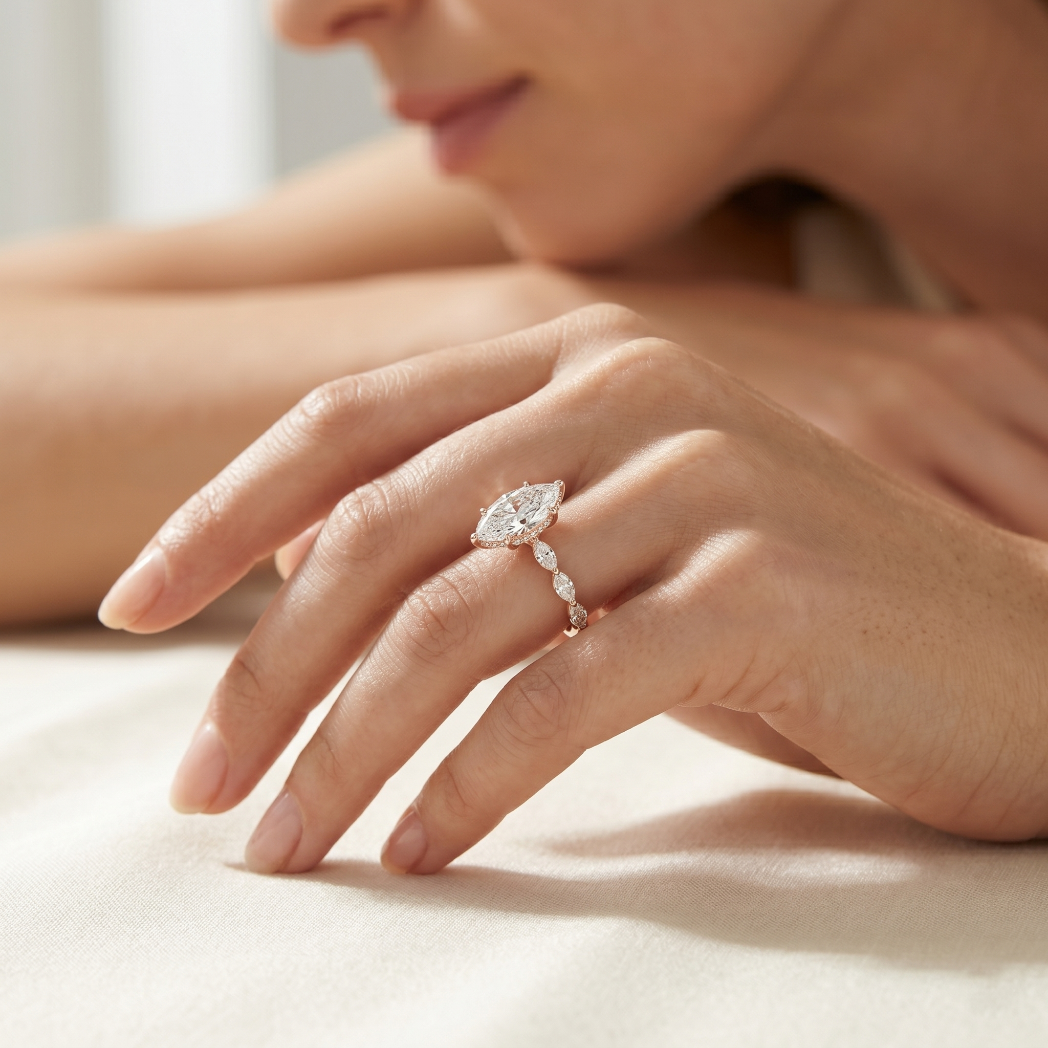 Marquise Cut Moissanite Engagement Ring, Rose Gold Sterling Silver Wedding Ring, Vintage Promise Gift