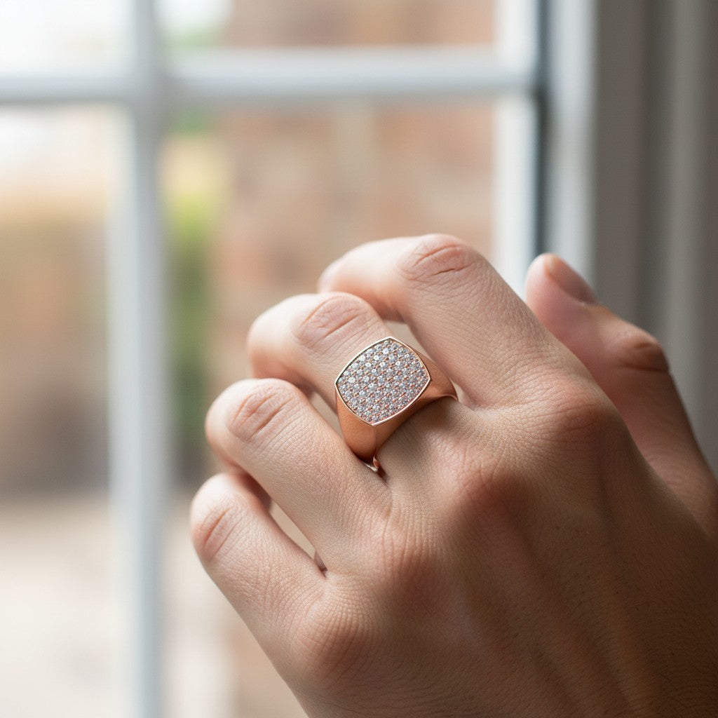 Cushion Moissanite Signet Ring, Sterling Silver Iced Out Pinky Statement Wedding Band