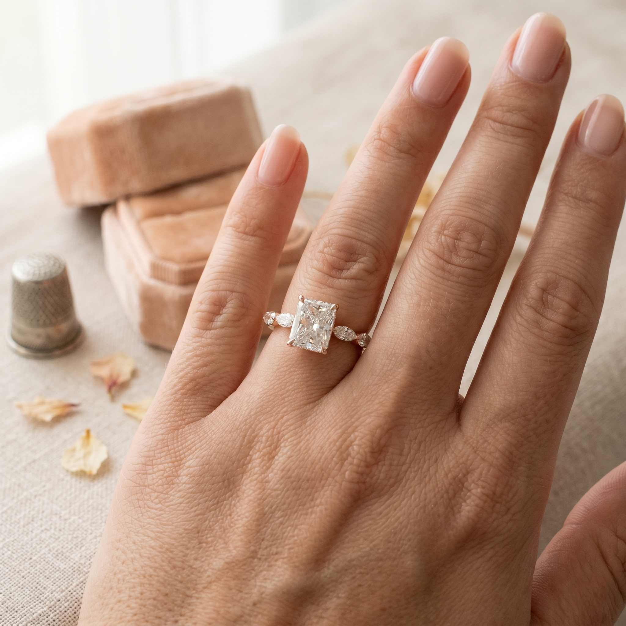 Radiant Cut Moissanite Engagement Ring, Sterling Silver Marquise Side Stone, Anniversary Promise Ring