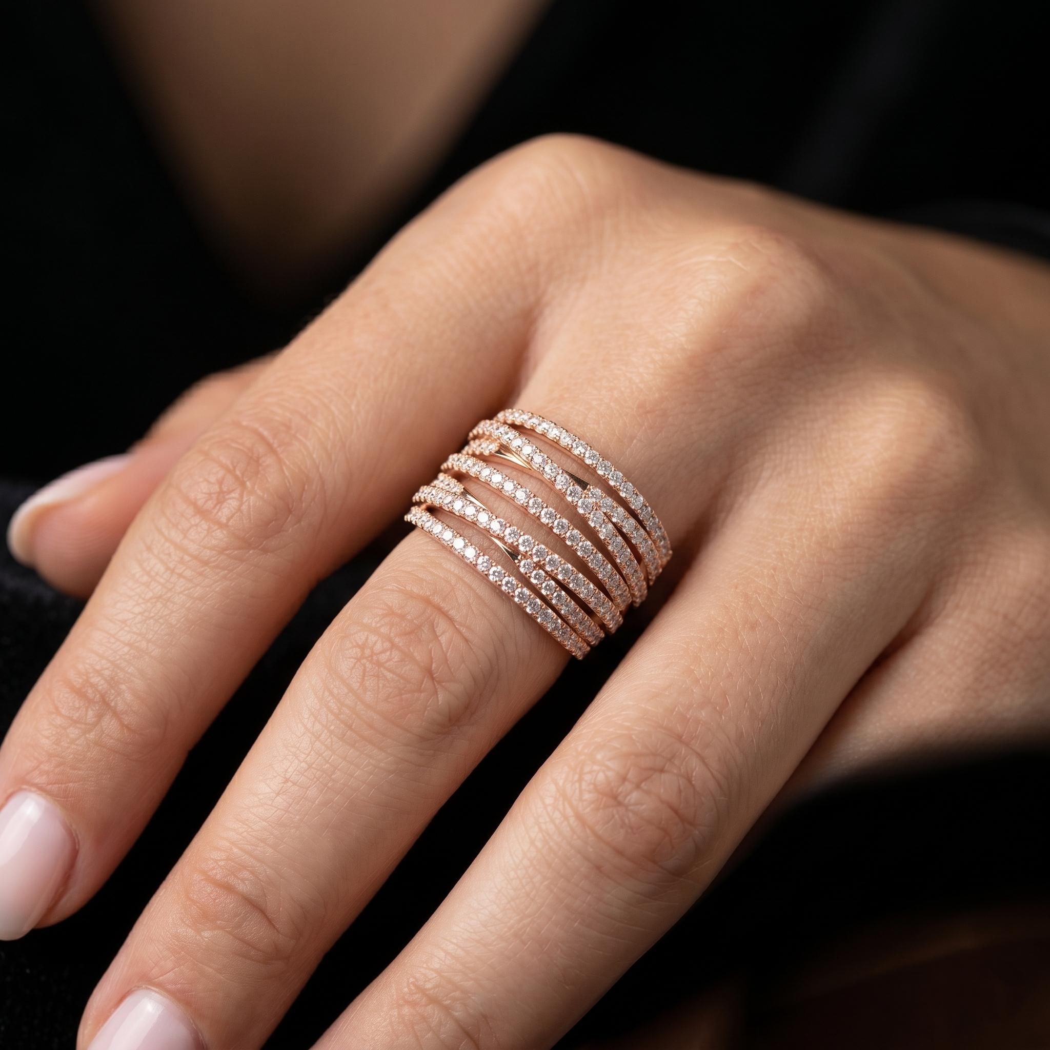 Moissanite Crossover Ring, Sterling Silver Rose Gold Multi Band Statement Ring