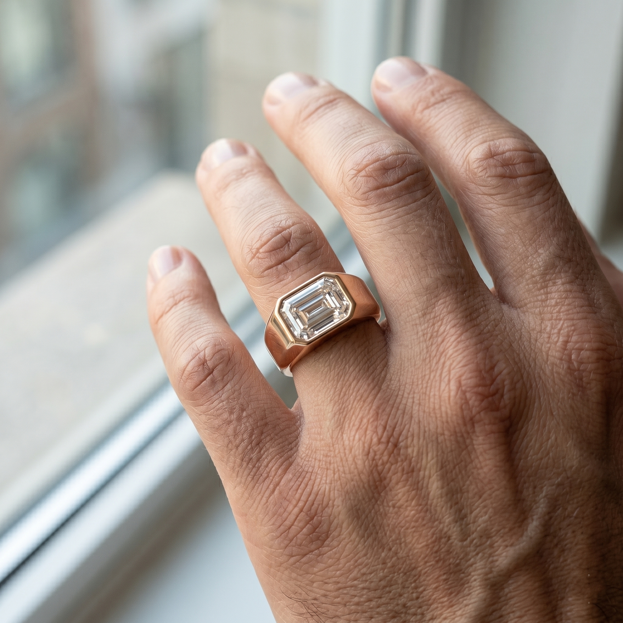 Emerald Cut Moissanite Men's Signet Ring, 925 Sterling Silver Rose Gold Statement Anniversary Gift