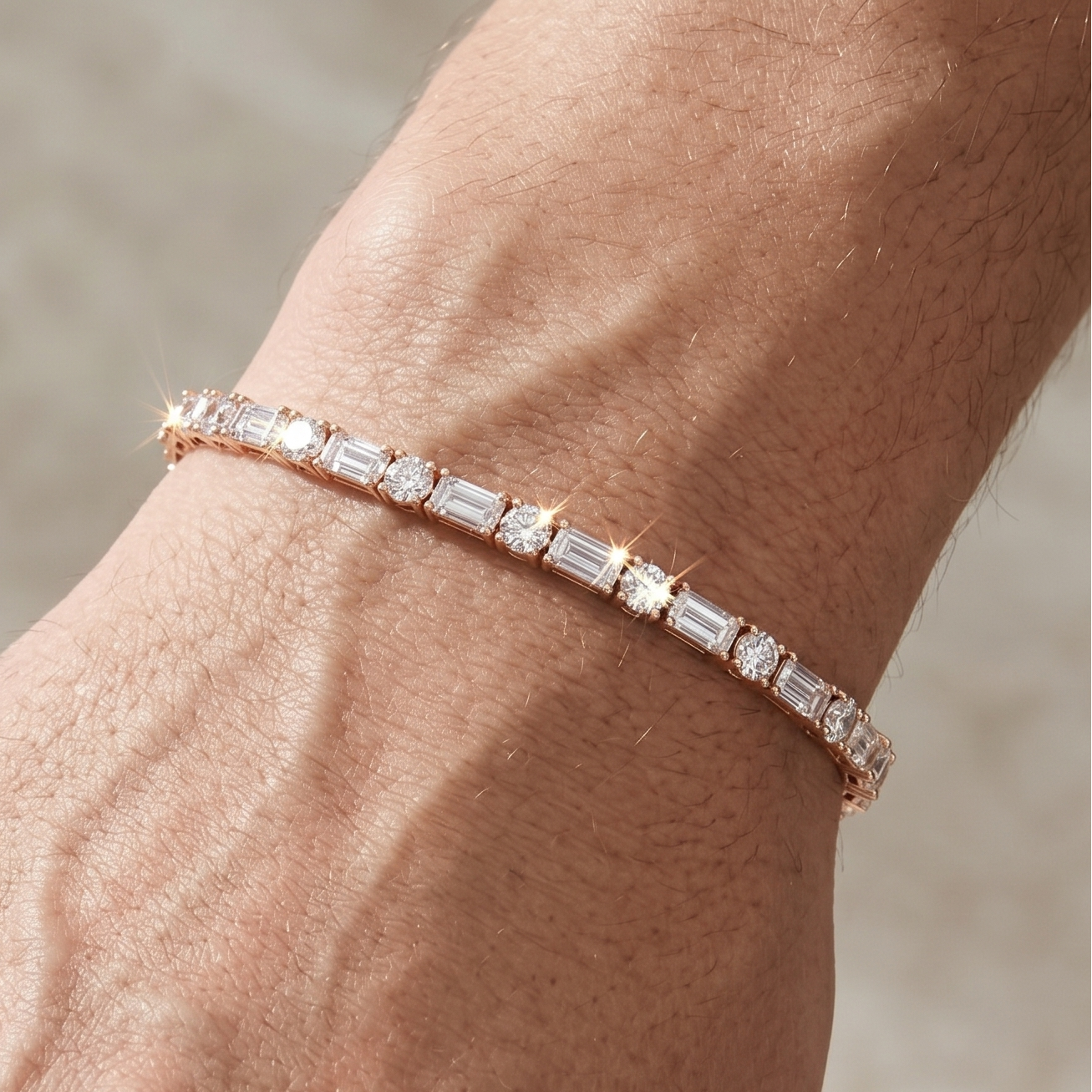 Baguette Round Moissanite Tennis Bracelet, 925 Sterling Silver Art Deco Dainty Wedding Jewelry