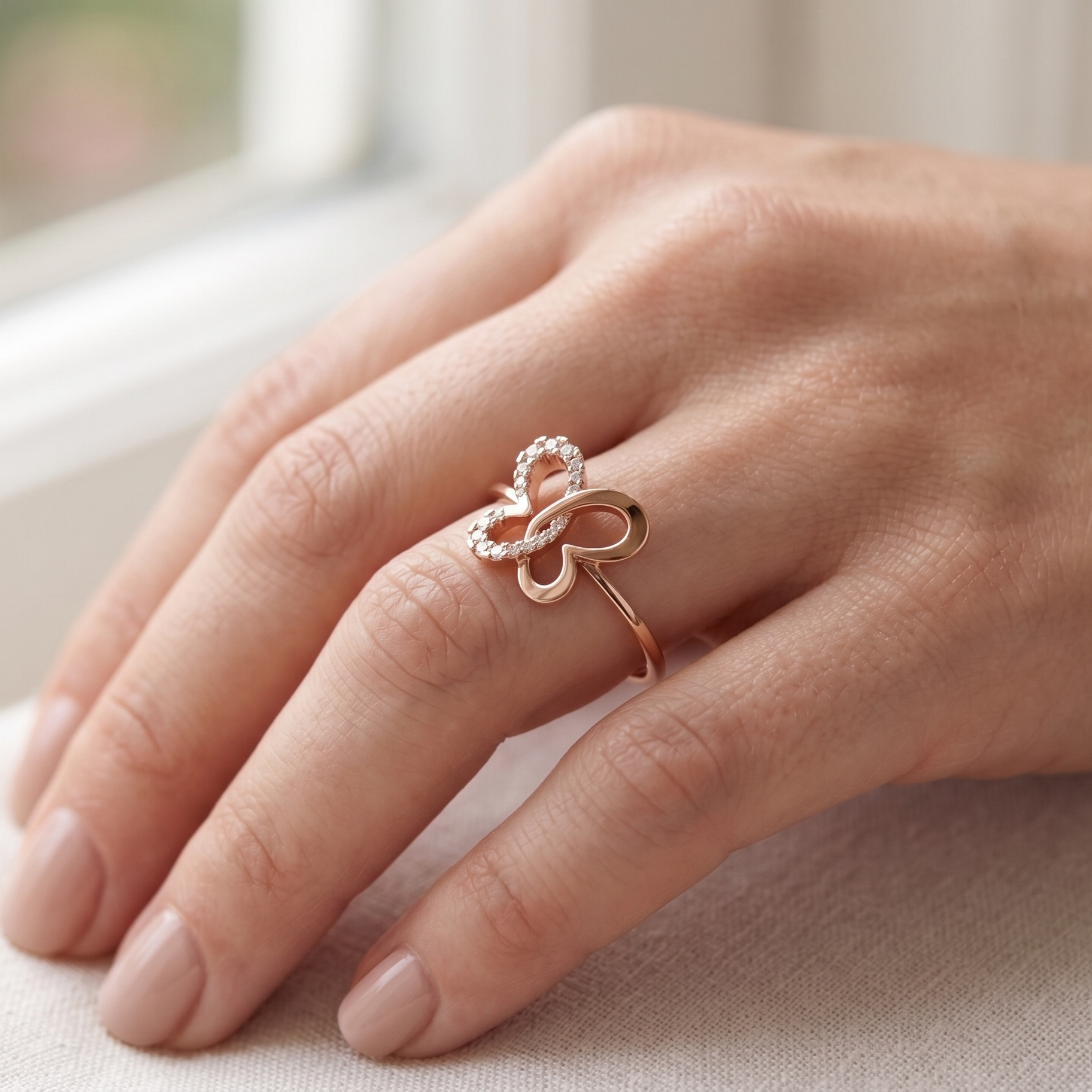 Solid 14k Rose Gold Butterfly Ring, Genuine Moissanite Statement Jewelry