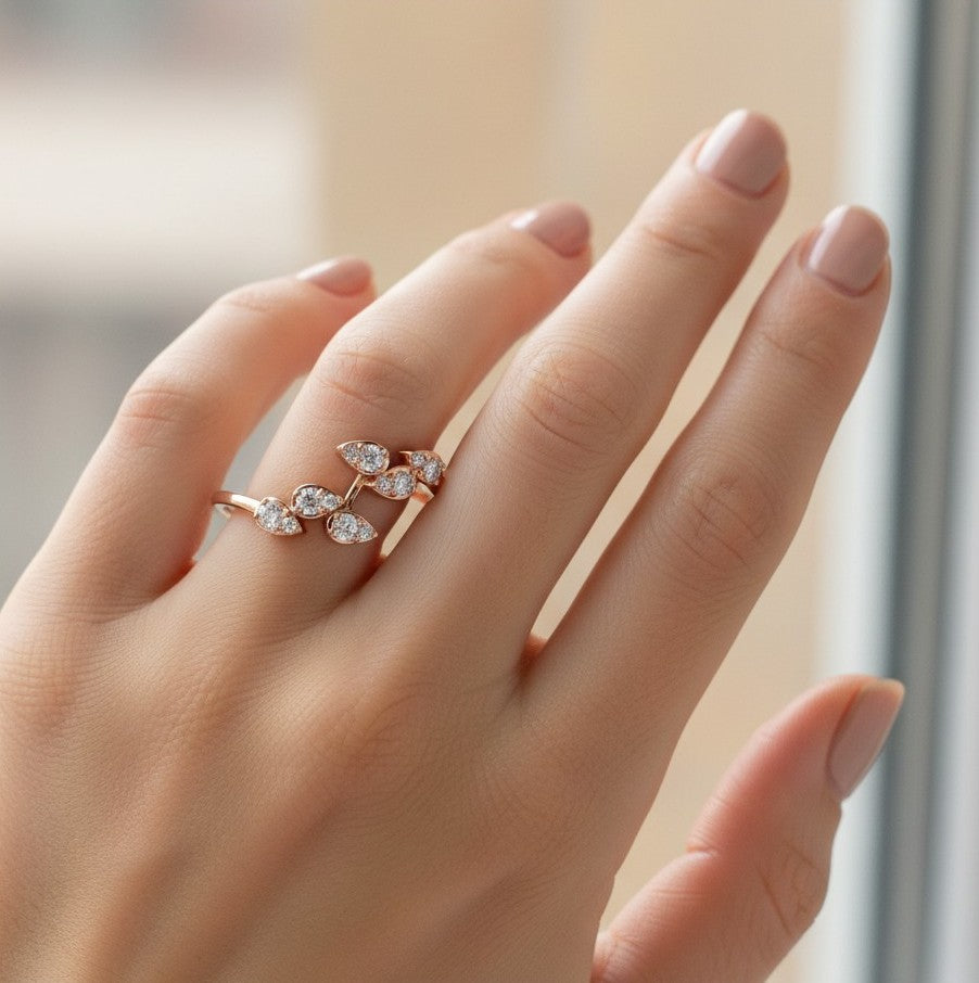14K Solid Gold Twig Moissanite Ring, Leaf Cluster Statement Nature Inspired Vine Ring