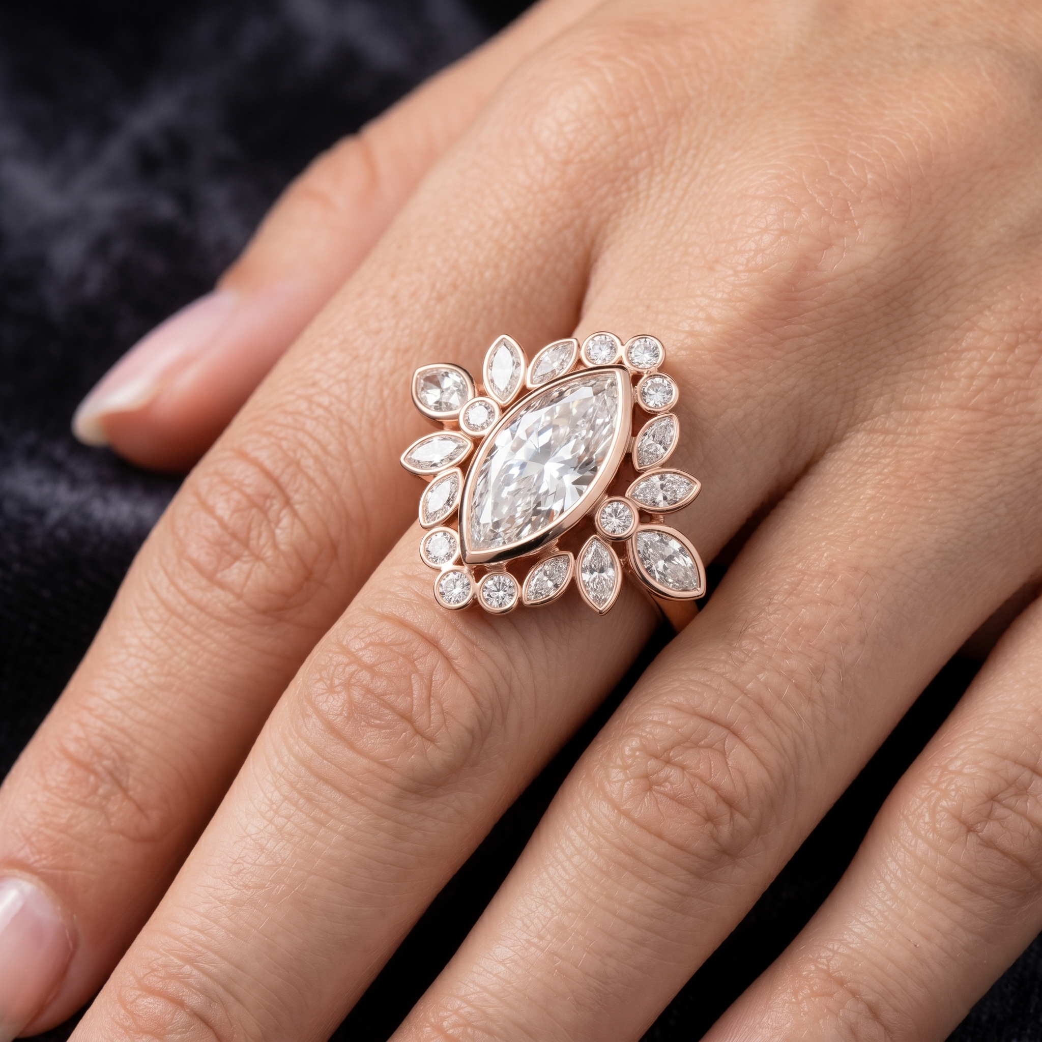 Marquise Cut Moissanite Engagement Ring, Rose Gold Over Silver Vintage Halo Ring, Art Deco Cluster Promise Ring, Handmade Fine Jewelry Gift