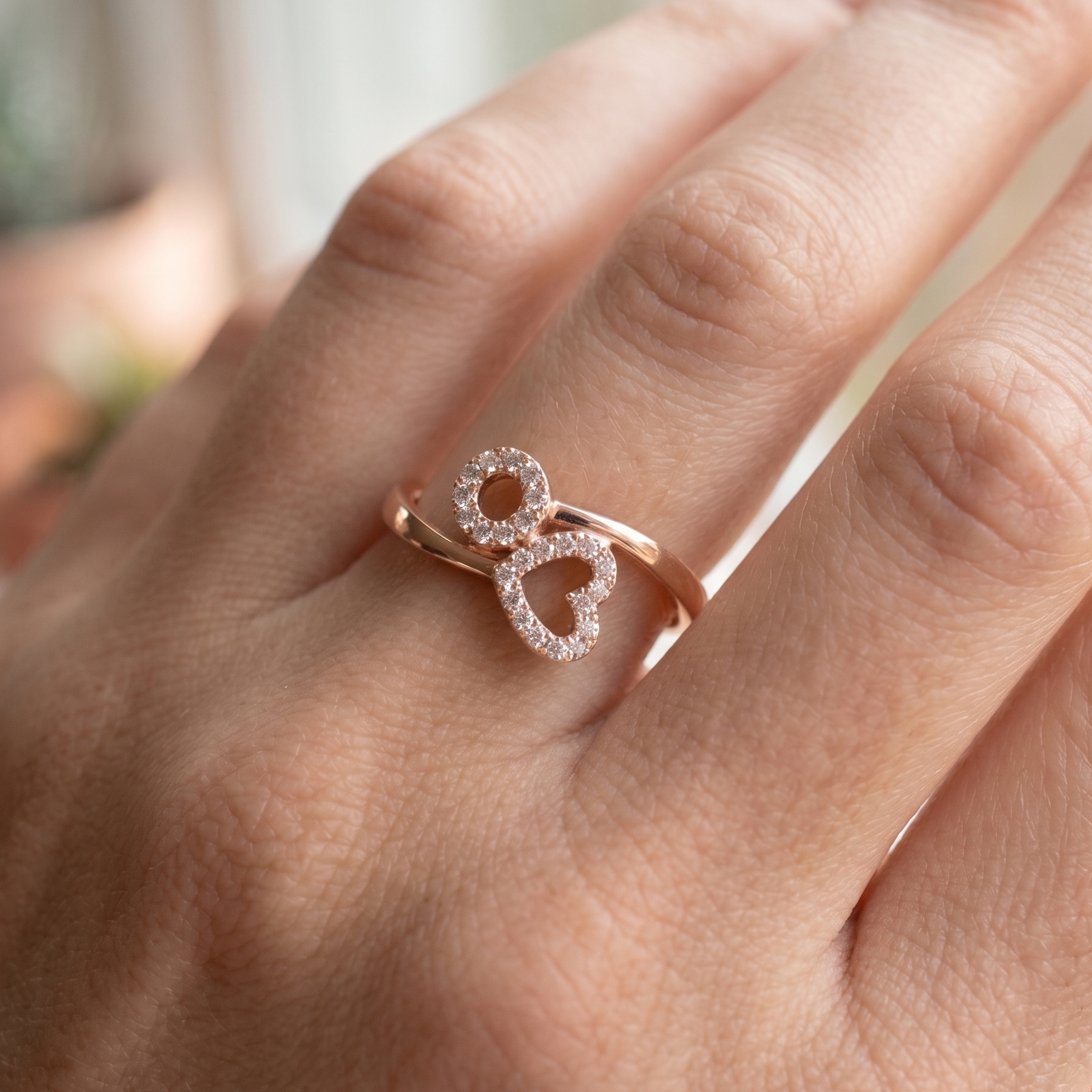14K Solid Gold Heart Circle Moissanite Ring, Pave Cluster Wedding Band, Delicate Jewelry