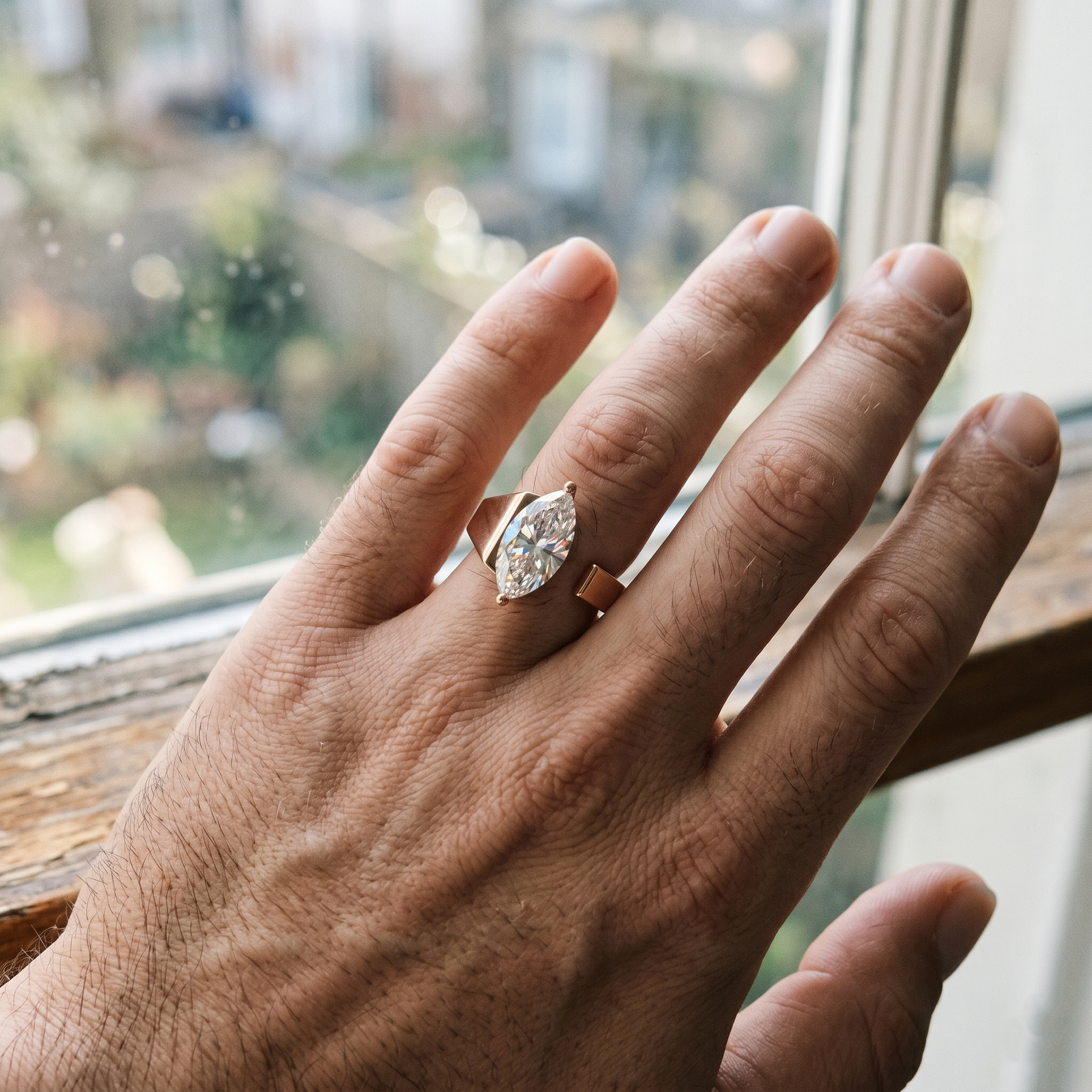 Men's Open Band Marquise Moissanite Ring, Rose Gold Sterling Silver, Modern Minimalist Groom Ring