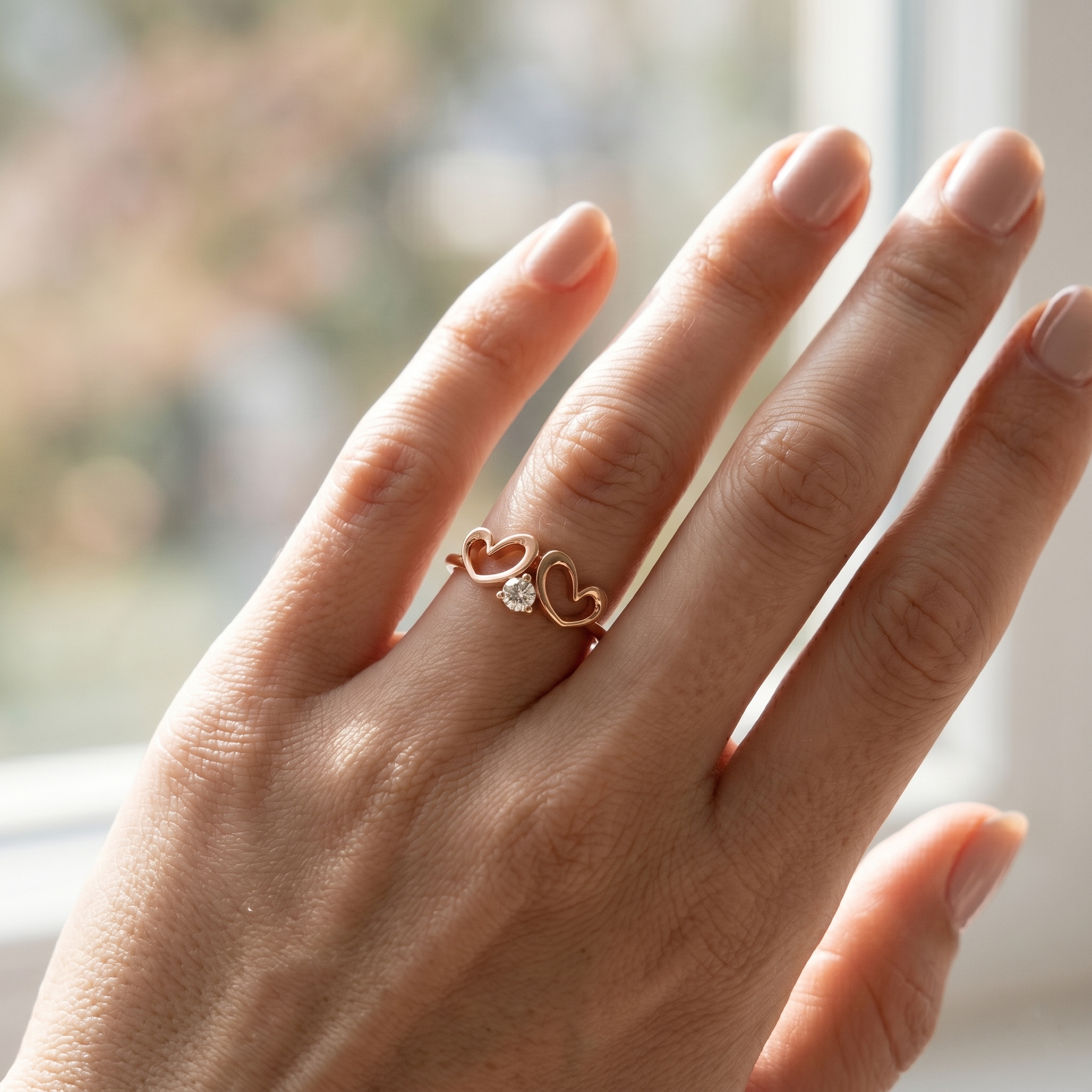 Filigree Double Heart Moissanite Ring, 14k Solid Gold Promise Anniversary Gift Her