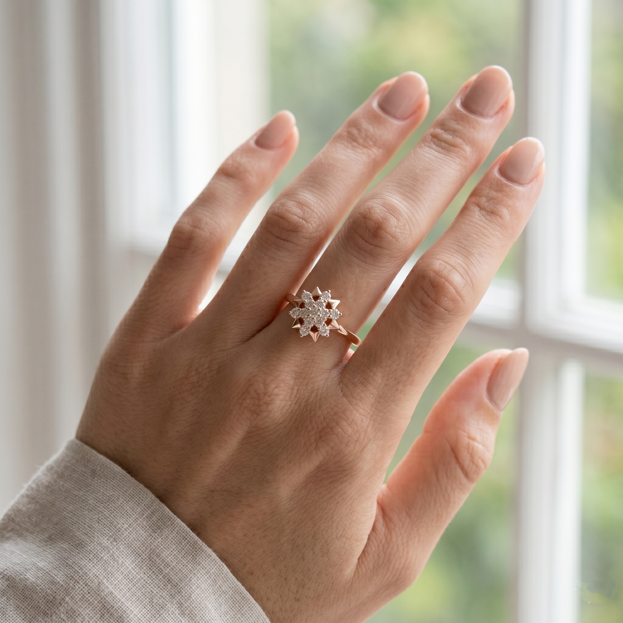 14K Solid Gold Snowflake Moissanite Ring, Floral Starburst Anniversary Promise Ring