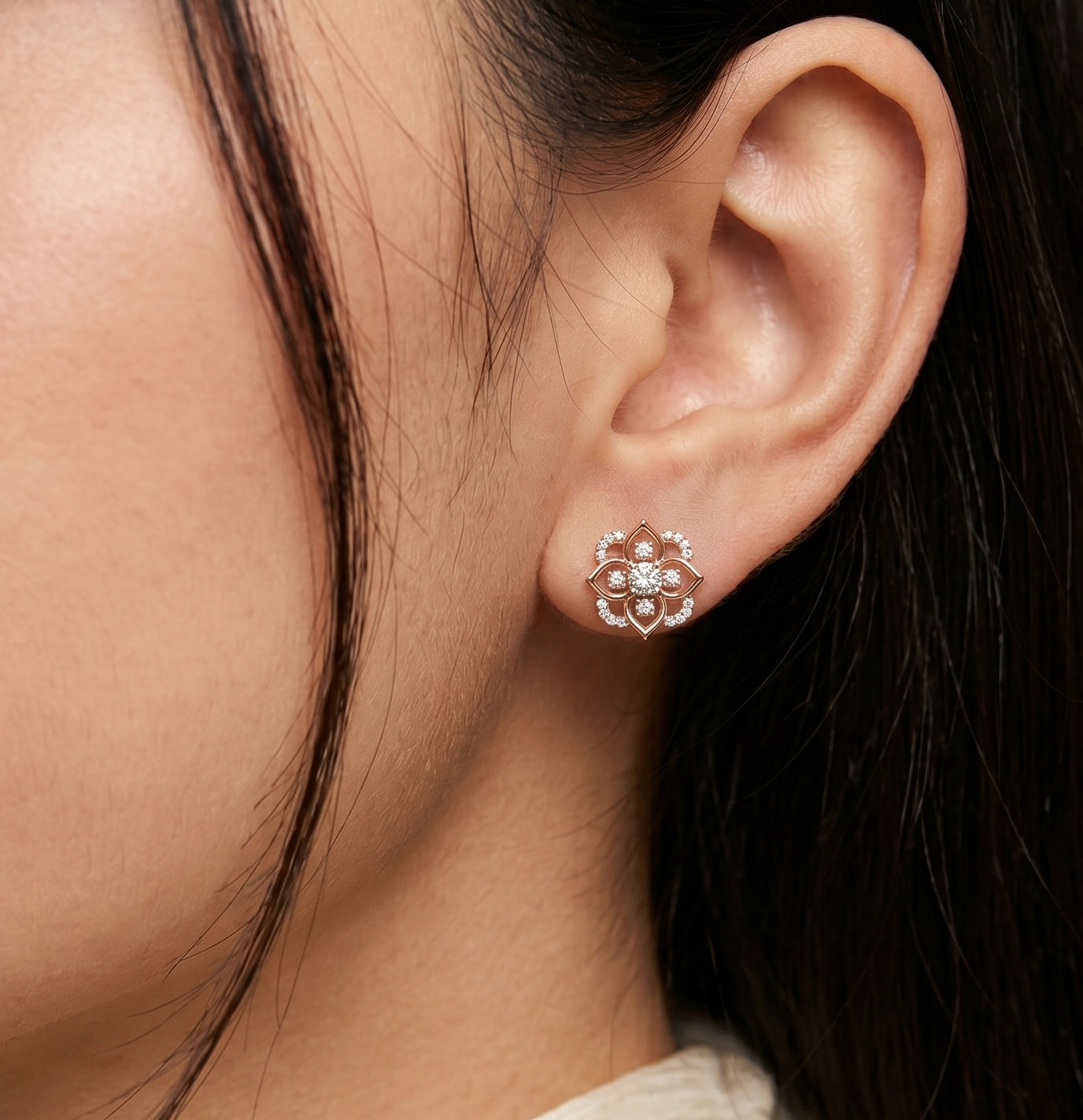 Lotus Flower Moissanite Stud Earrings, 925 Sterling Silver Floral Art Deco studs