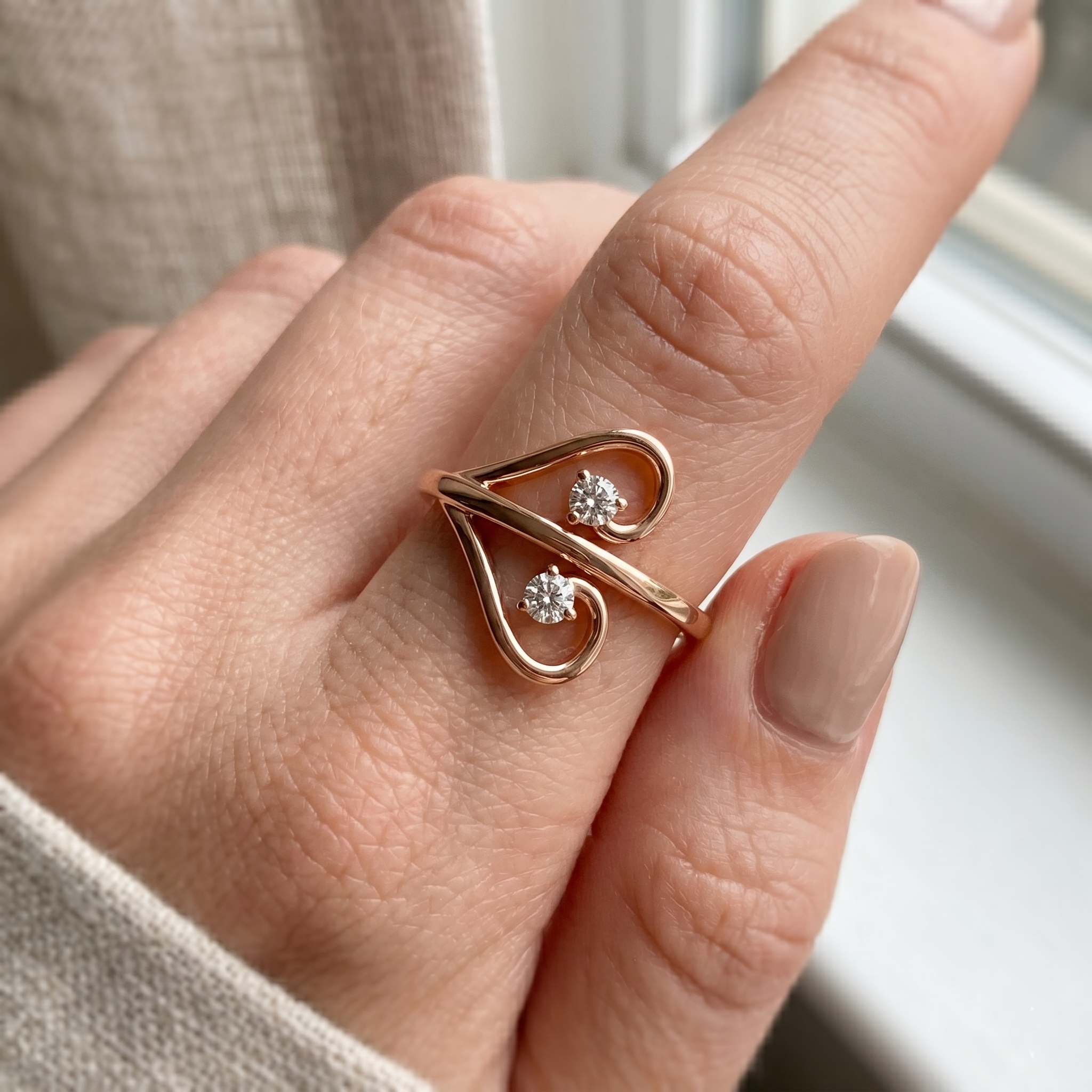 Open Heart Bypass Moissanite Ring, 14K Solid Gold, Minimalist Two Stone Promise Ring