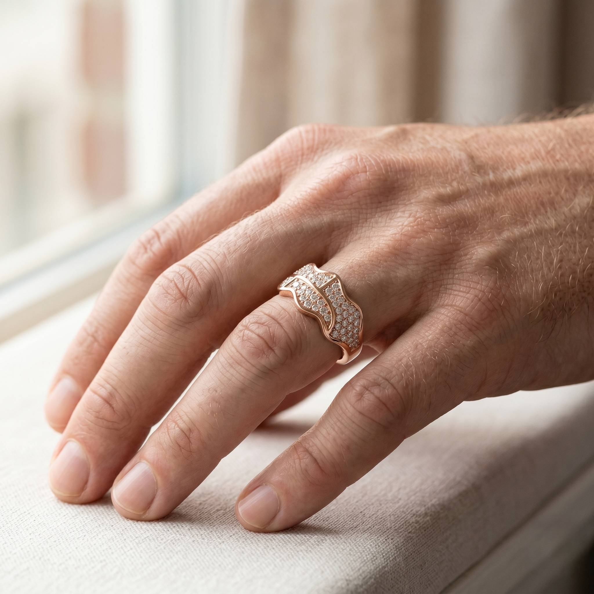 Wavy Sterling Silver Men's Statement Ring, Moissanite Cluster, Rose Gold Finish