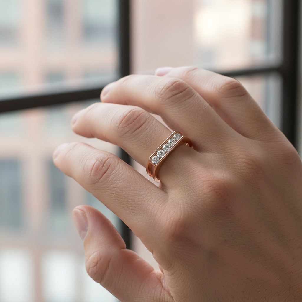 Men's Moissanite Wedding Band, Sterling Silver Five Stone Ring, Rose Gold Finish