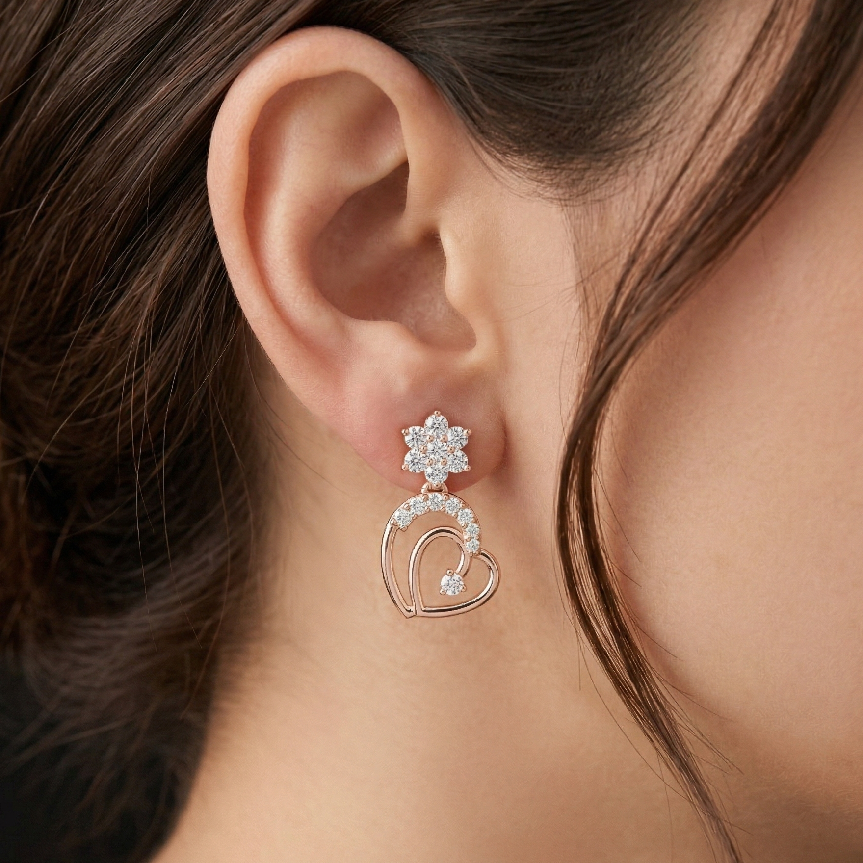 Double Heart Moissanite Stud Earrings, 925 Sterling Silver, Flower Accent, Hypoallergenic, Luxury