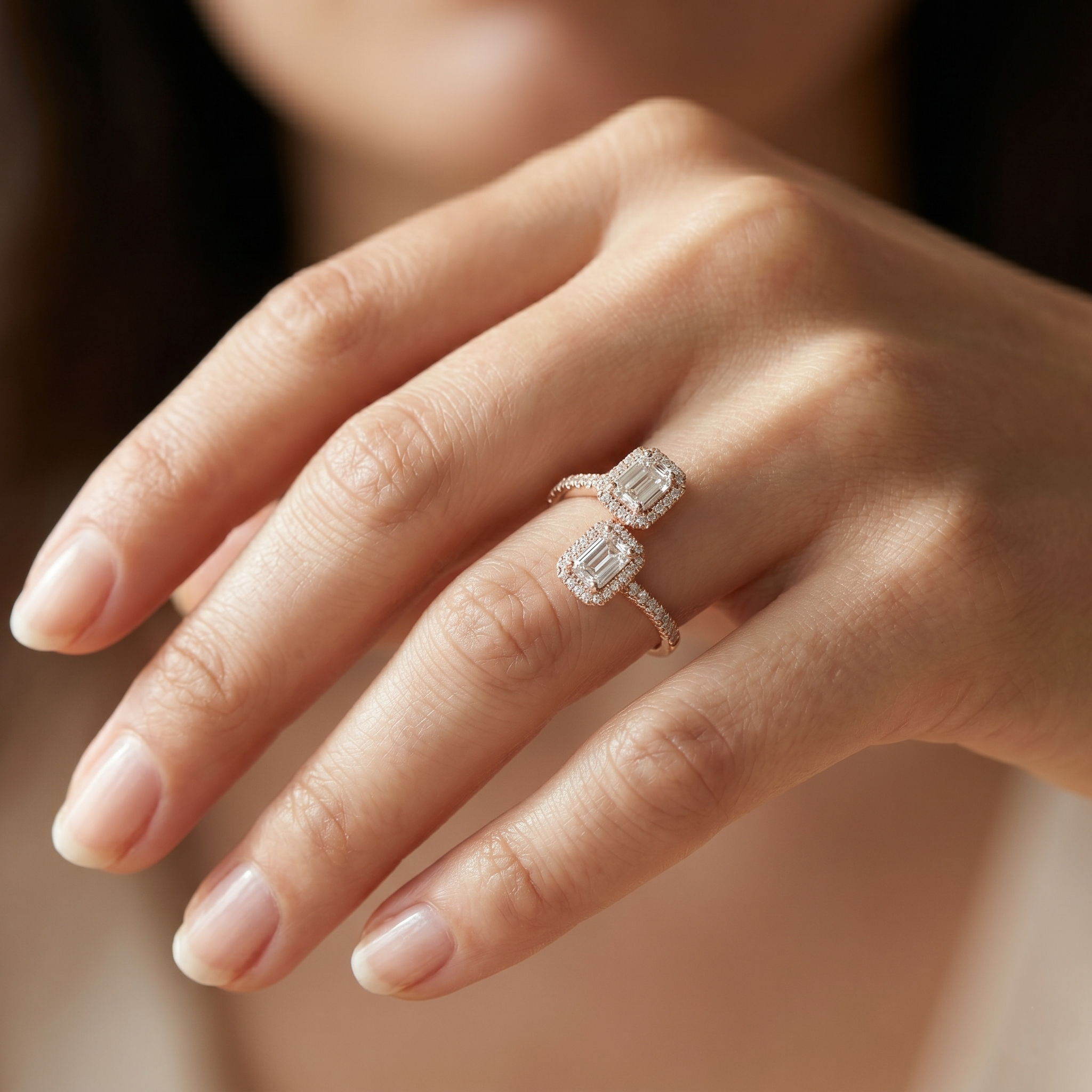 Toi et Moi Moissanite Ring, Emerald Cut Two Stone Open Bypass, Sterling Silver Engagement