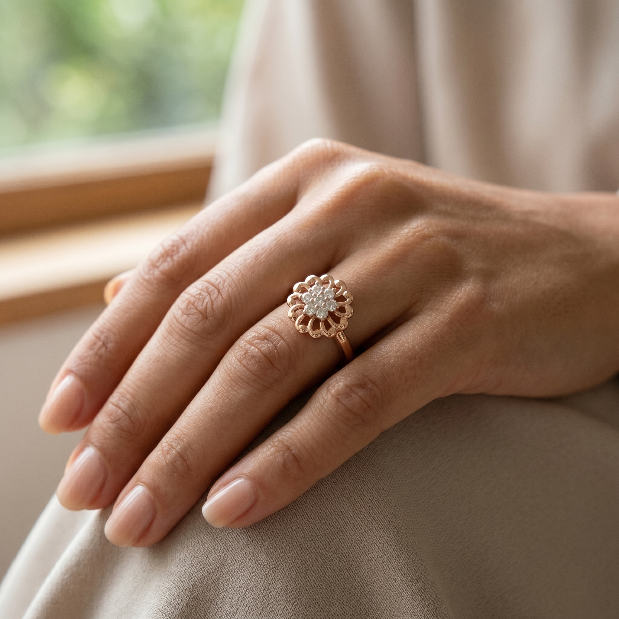 Flower Shape Moissanite Ring, 14K Solid Gold, Vintage Sparkling Floral Engagement Jewelry