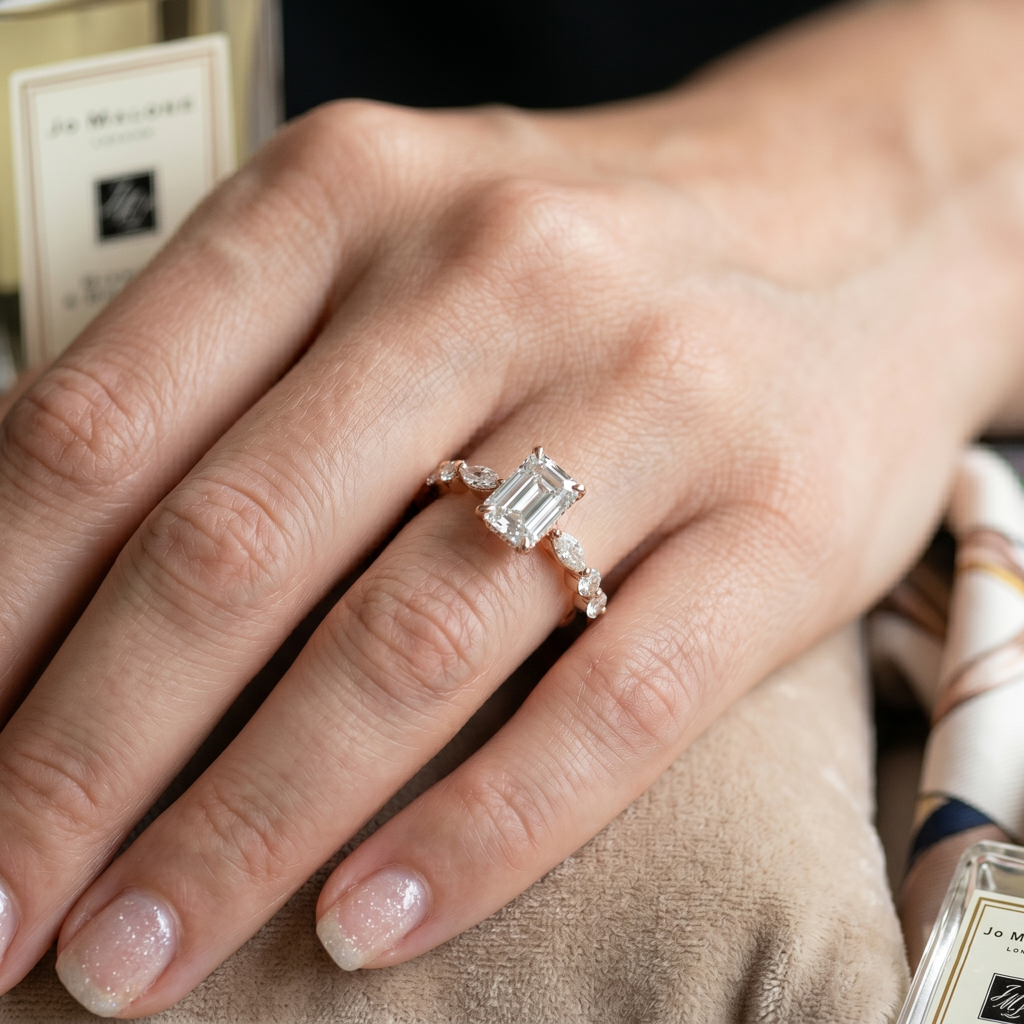 Rose Gold Emerald Cut Moissanite Ring, 925 Sterling Silver Engagement Ring