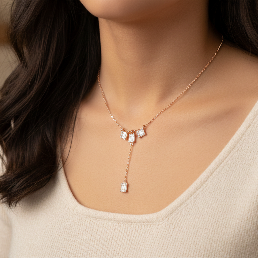 Baguette Moissanite Drop Necklace, Sterling Silver Y Pendant, Geometric Bridal Dainty Jewelry