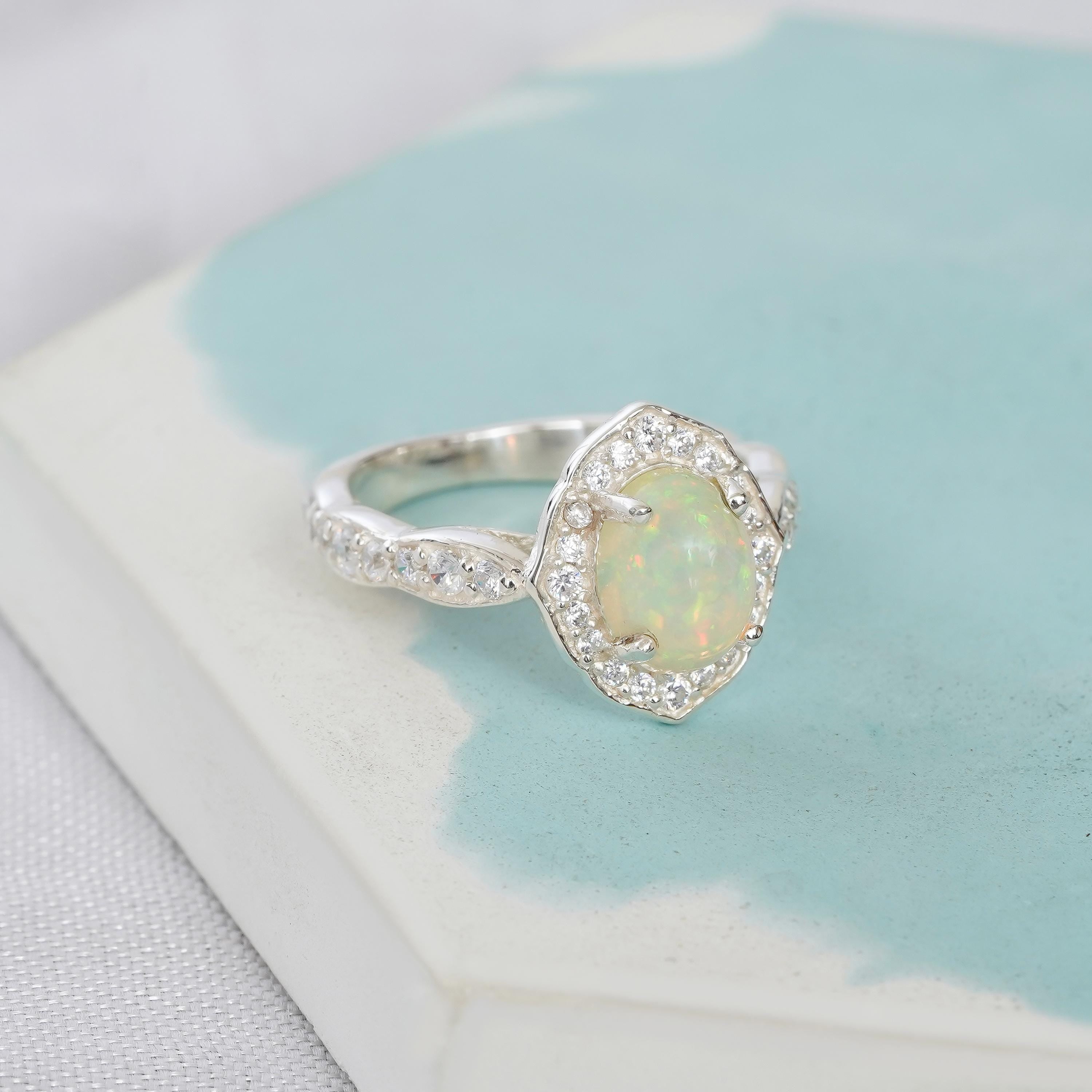 Opal Engagement Ring 925 Sterling Silver Oval Shape Fire Opal Wedding Ring For Women Proposal Flower Halo Vintage Milgrain Solitaire Ring